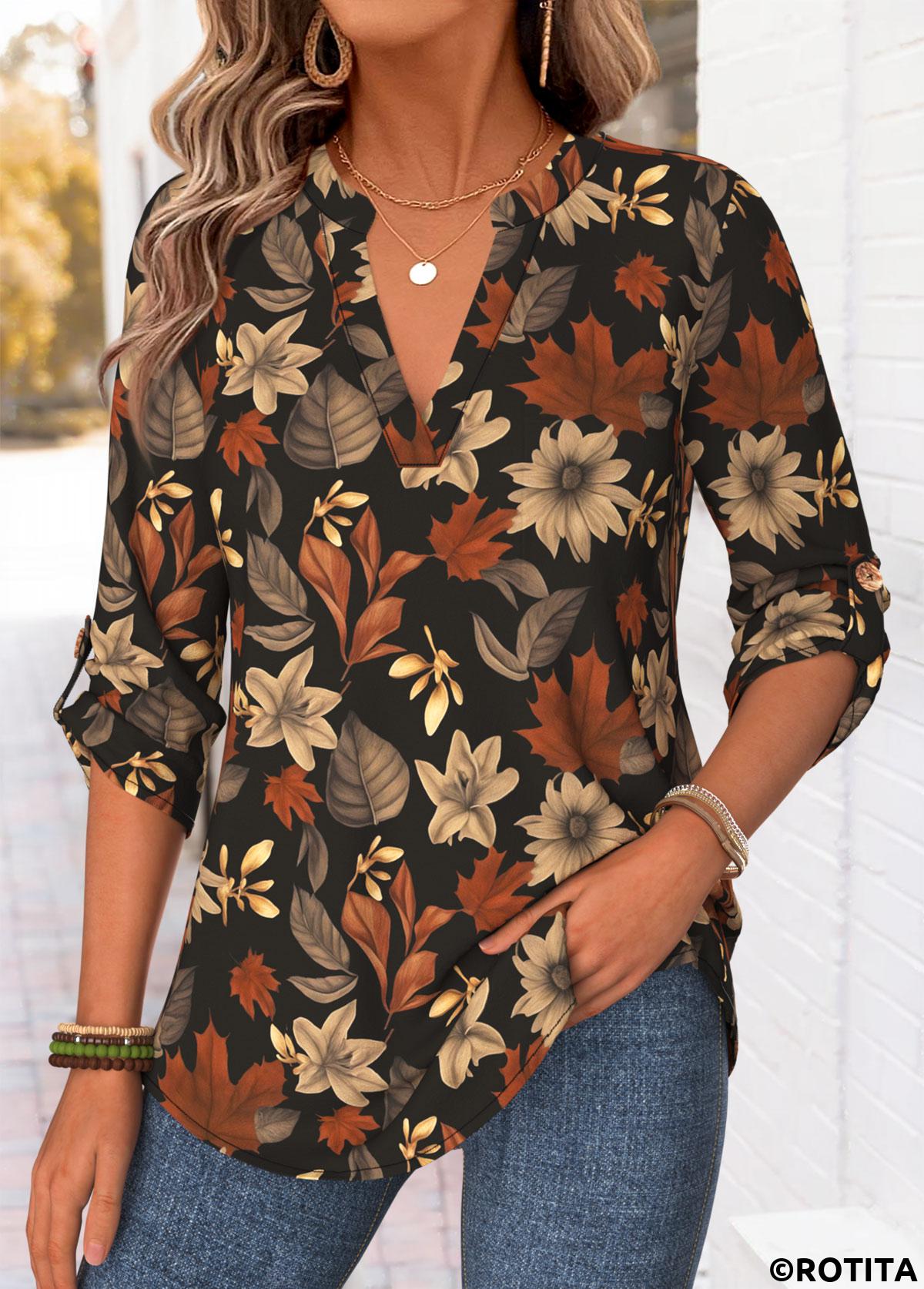 Multi Color tops,Floral tops,Plants tops,ROTITA Curved Hem Floral Print Multi Color Split Neck Shirt