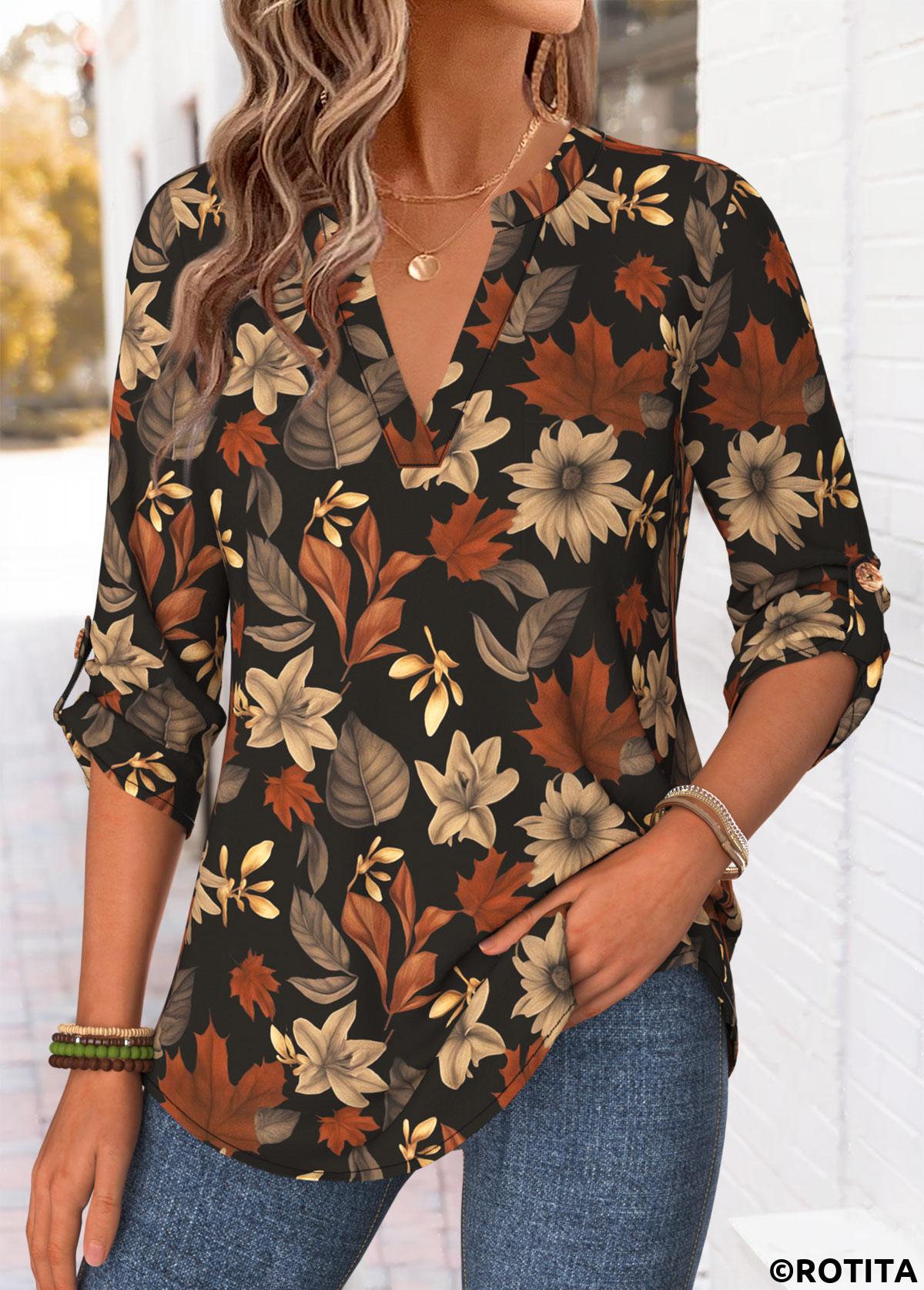 Multi Color tops,Floral tops,Plants tops,ROTITA Curved Hem Floral Print Multi Color Split Neck Shirt