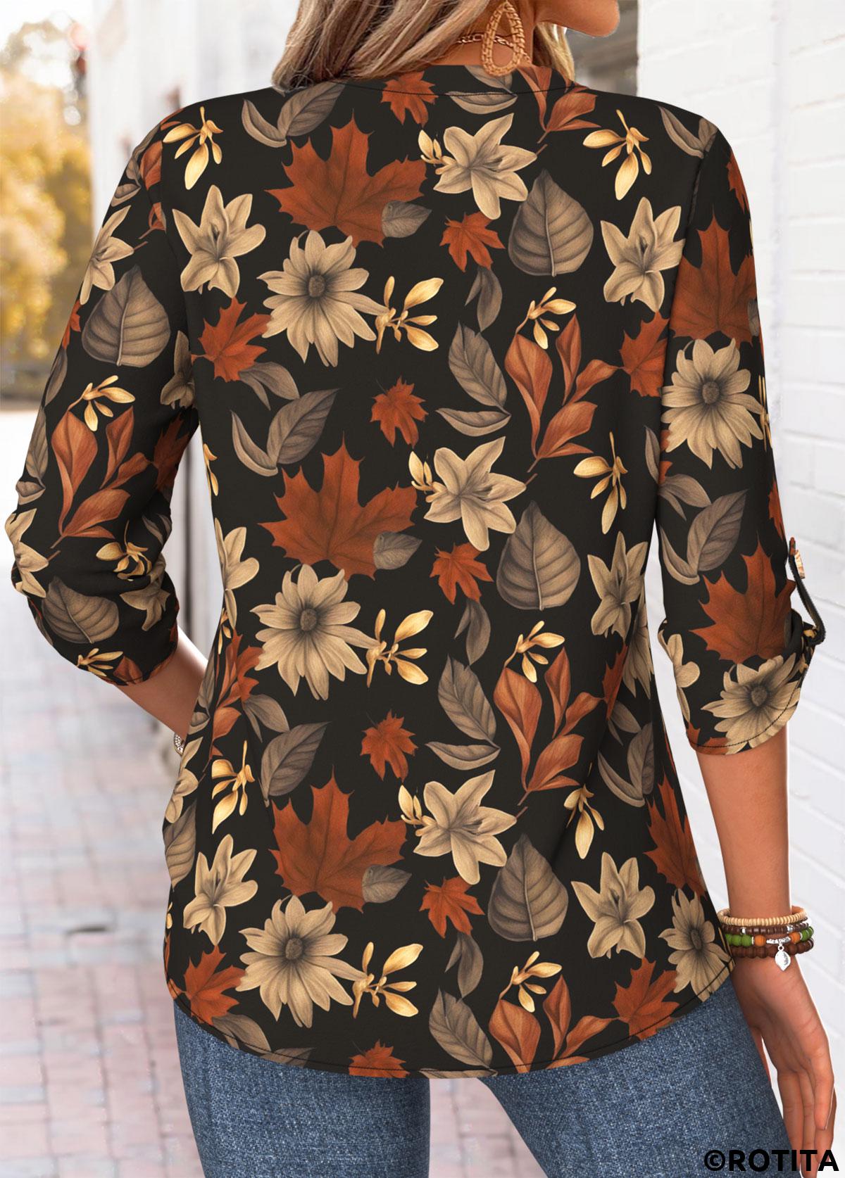 Multi Color tops,Floral tops,Plants tops,ROTITA Curved Hem Floral Print Multi Color Split Neck Shirt