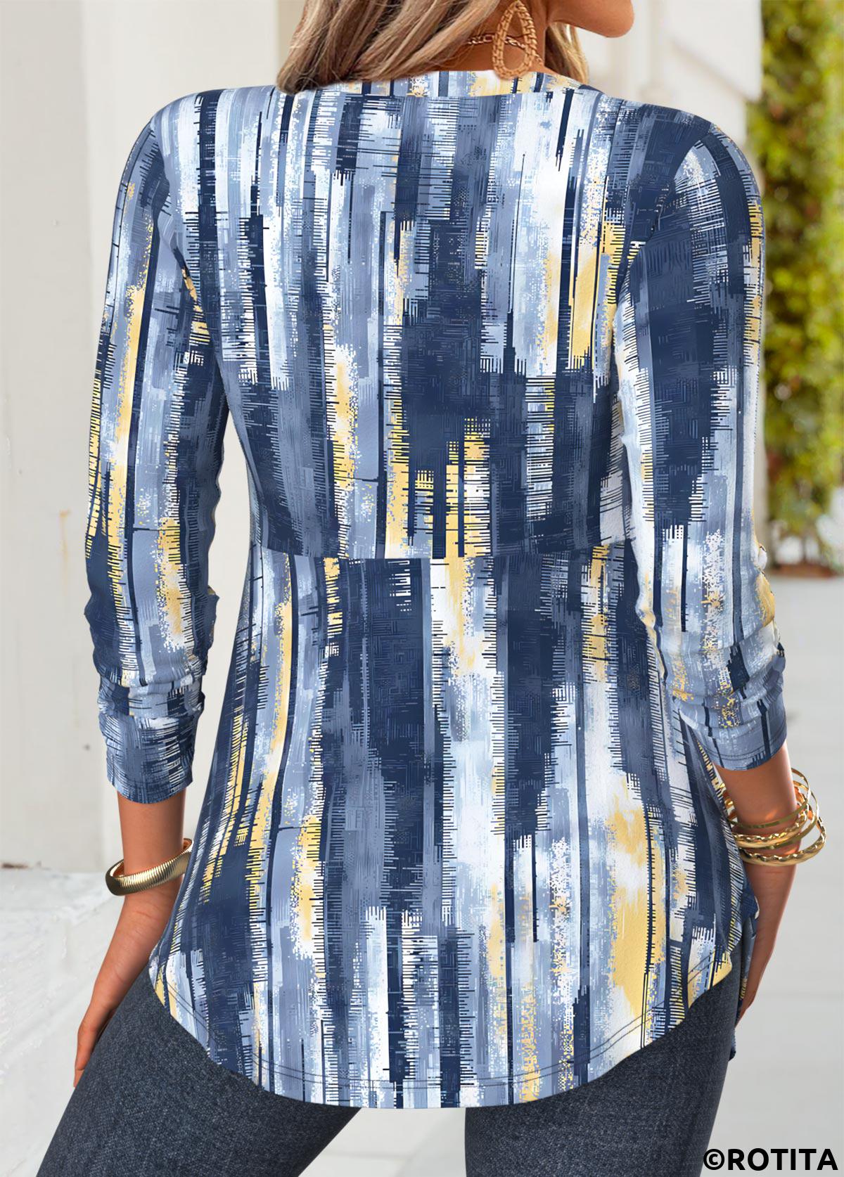 Blue tops,Geometric tops,ROTITA Geometric Print Blue Heart Collar Fake Two Piece Twinset