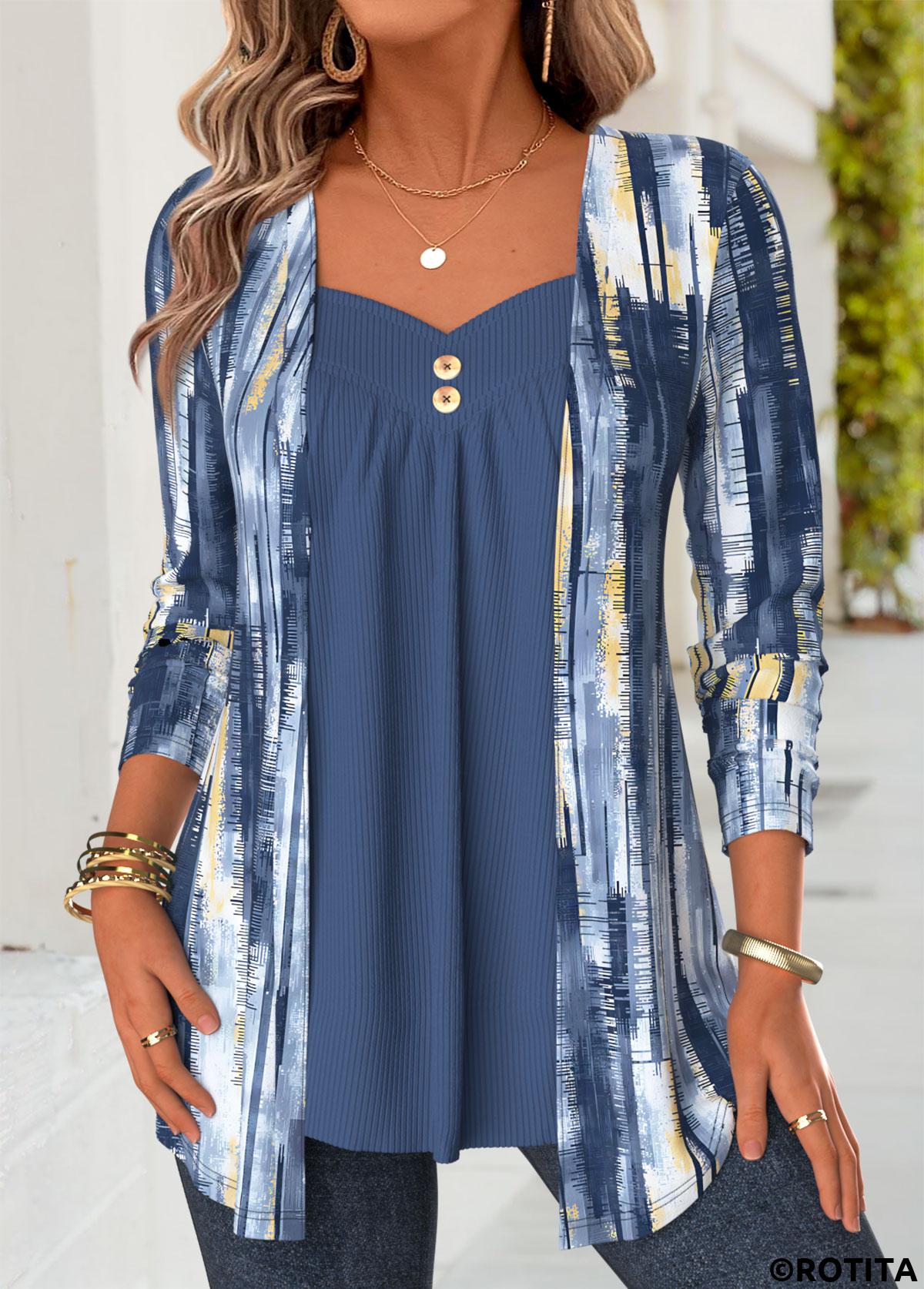 Blue tops,Geometric tops,ROTITA Geometric Print Blue Heart Collar Fake Two Piece Twinset
