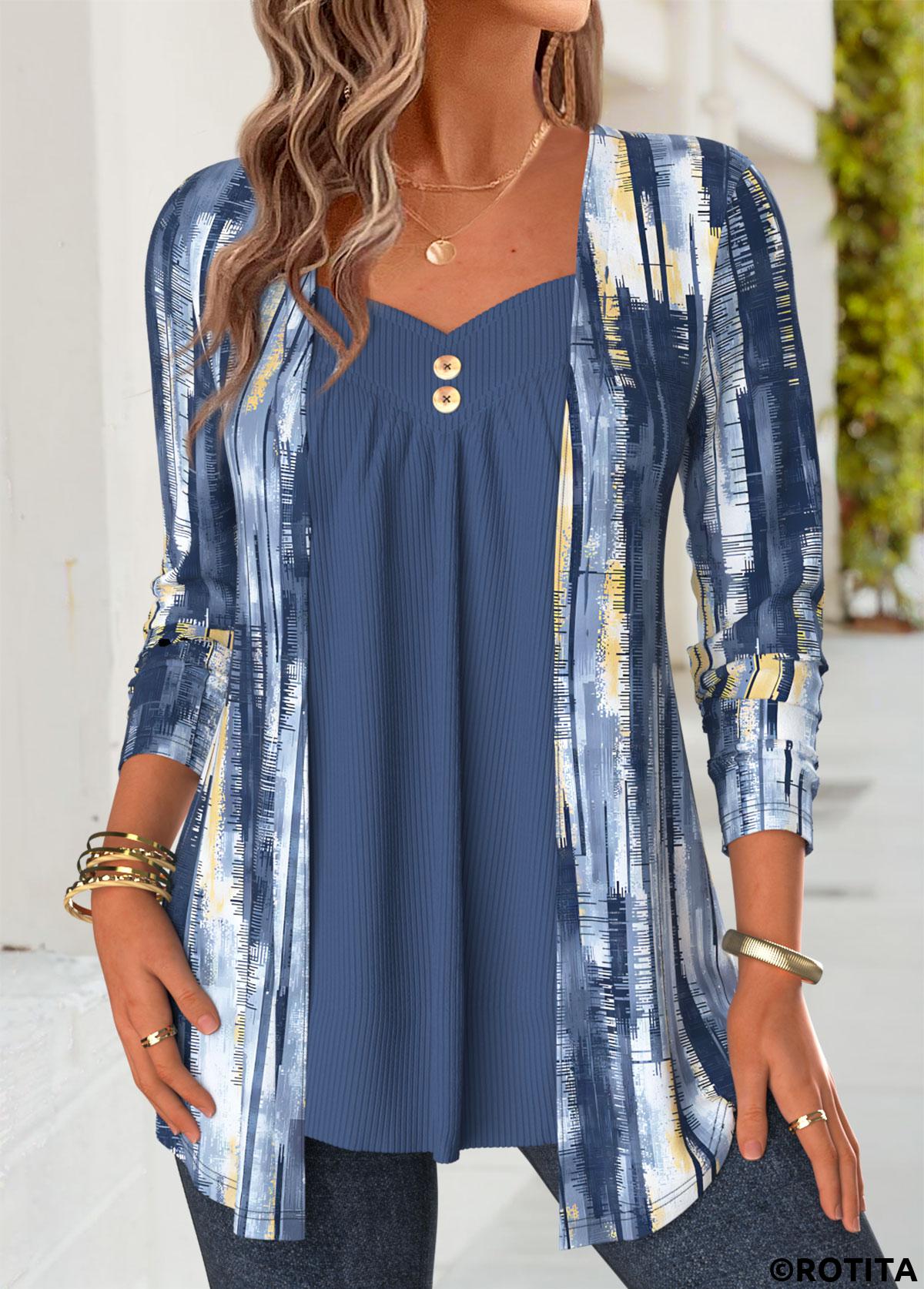 Blue tops,Geometric tops,ROTITA Geometric Print Blue Heart Collar Fake Two Piece Twinset