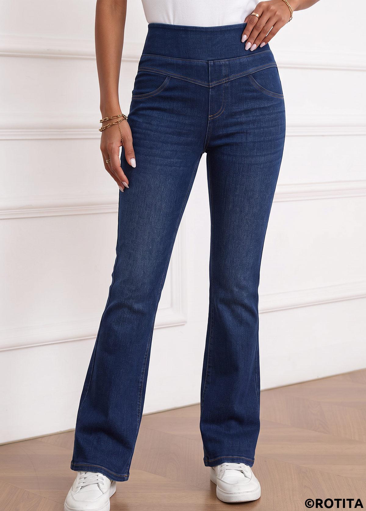 Denim Blue bottoms,Plain Color bottoms,ROTITA Denim Blue Flare Leg Elastic Waist High Waisted Jeans
