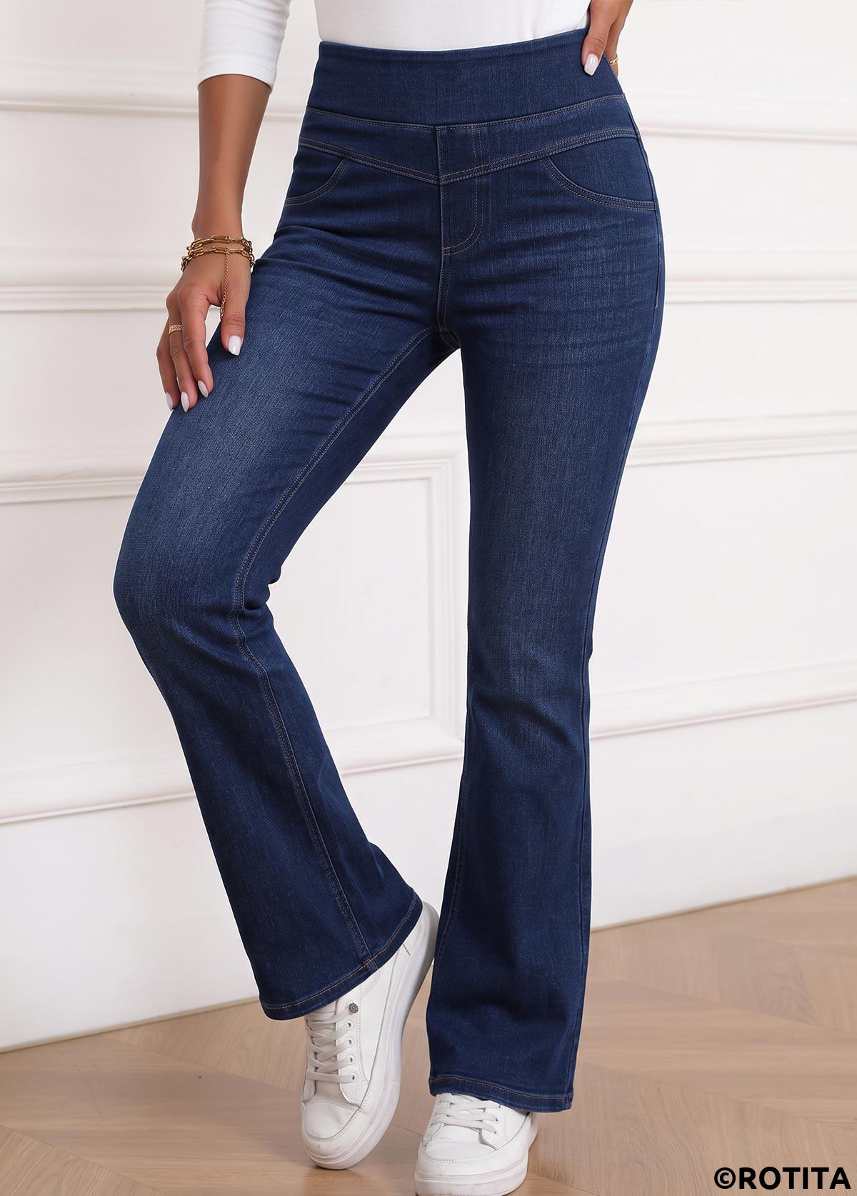 Denim Blue bottoms,Plain Color bottoms,ROTITA Denim Blue Flare Leg Elastic Waist High Waisted Jeans