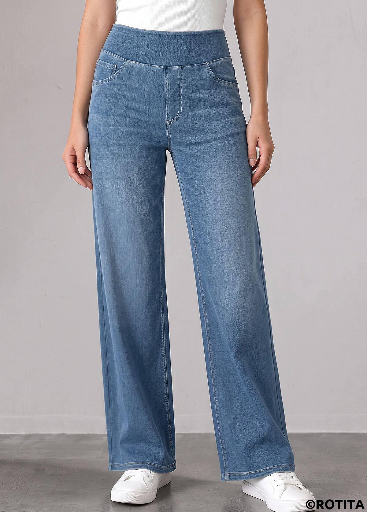 Denim Blue bottoms,Plain Color bottoms,ROTITA Denim Blue Straight Leg Elastic Waist High Waisted Jeans