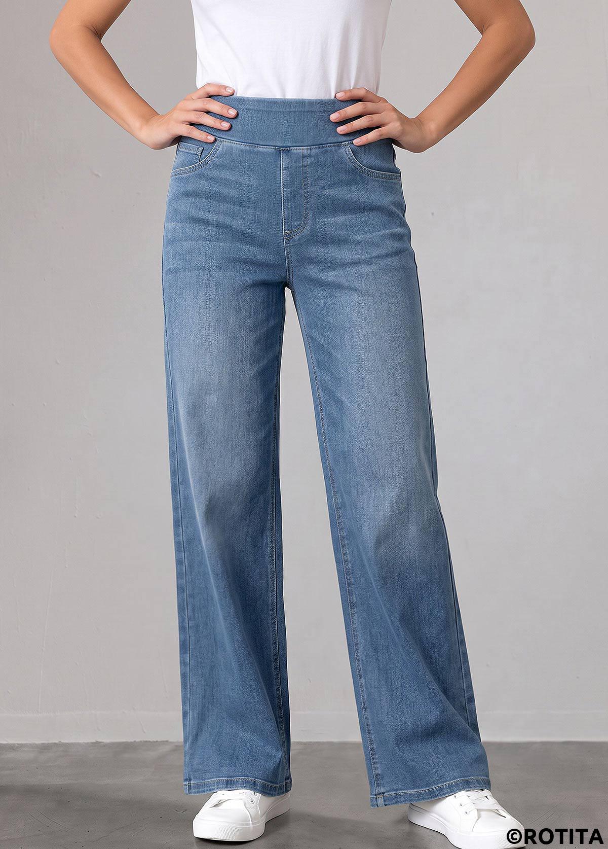 Denim Blue bottoms,Plain Color bottoms,ROTITA Denim Blue Straight Leg Elastic Waist High Waisted Jeans