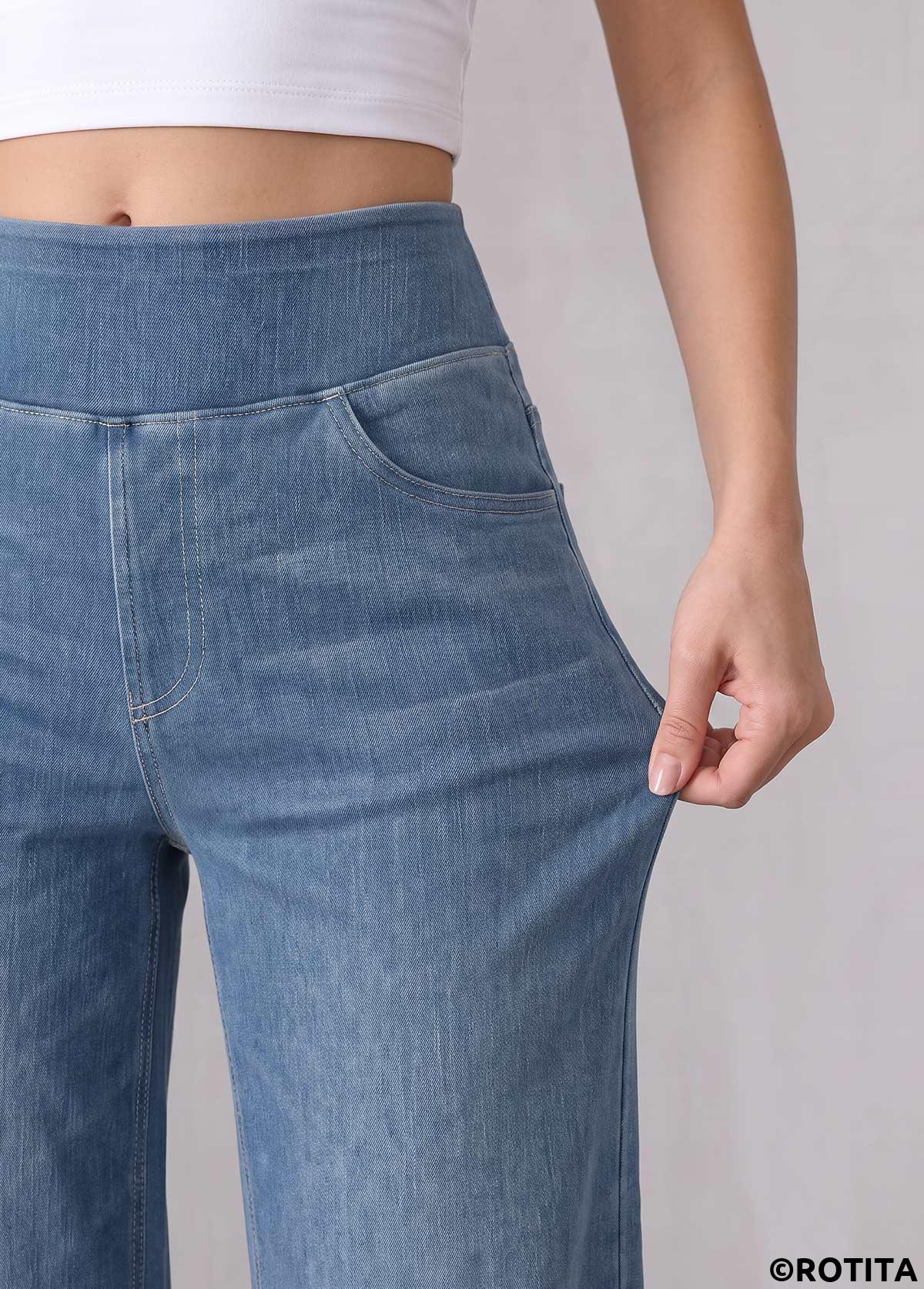 Denim Blue bottoms,Plain Color bottoms,ROTITA Denim Blue Straight Leg Elastic Waist High Waisted Jeans
