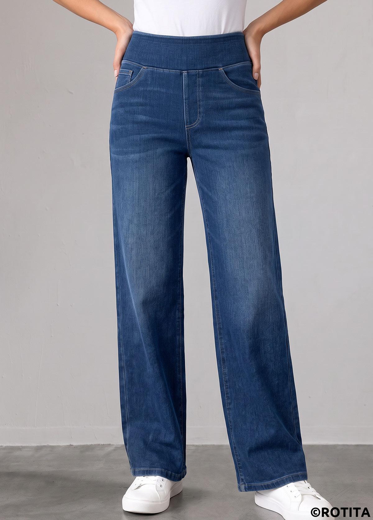 Denim Blue bottoms,Plain Color bottoms,ROTITA Denim Blue Straight Leg Elastic Waist High Waisted Jeans