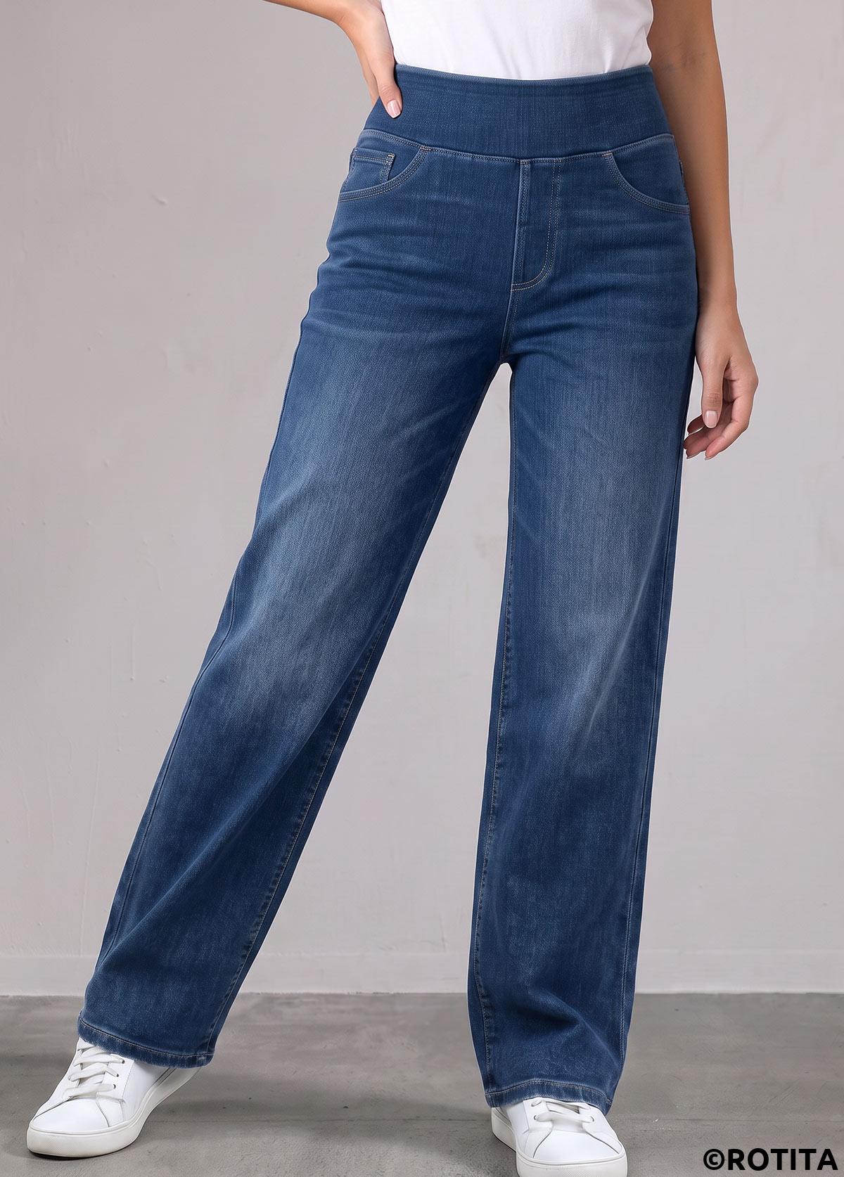 Denim Blue bottoms,Plain Color bottoms,ROTITA Denim Blue Straight Leg Elastic Waist High Waisted Jeans