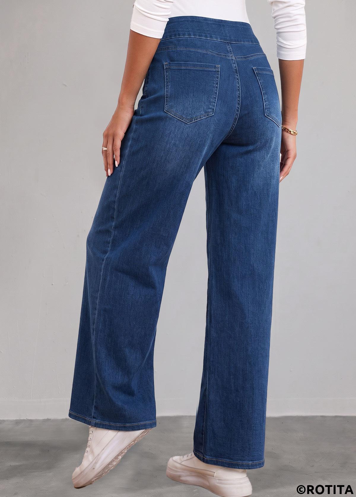 Denim Blue bottoms,Plain Color bottoms,ROTITA Denim Blue Straight Leg Elastic Waist High Waisted Jeans