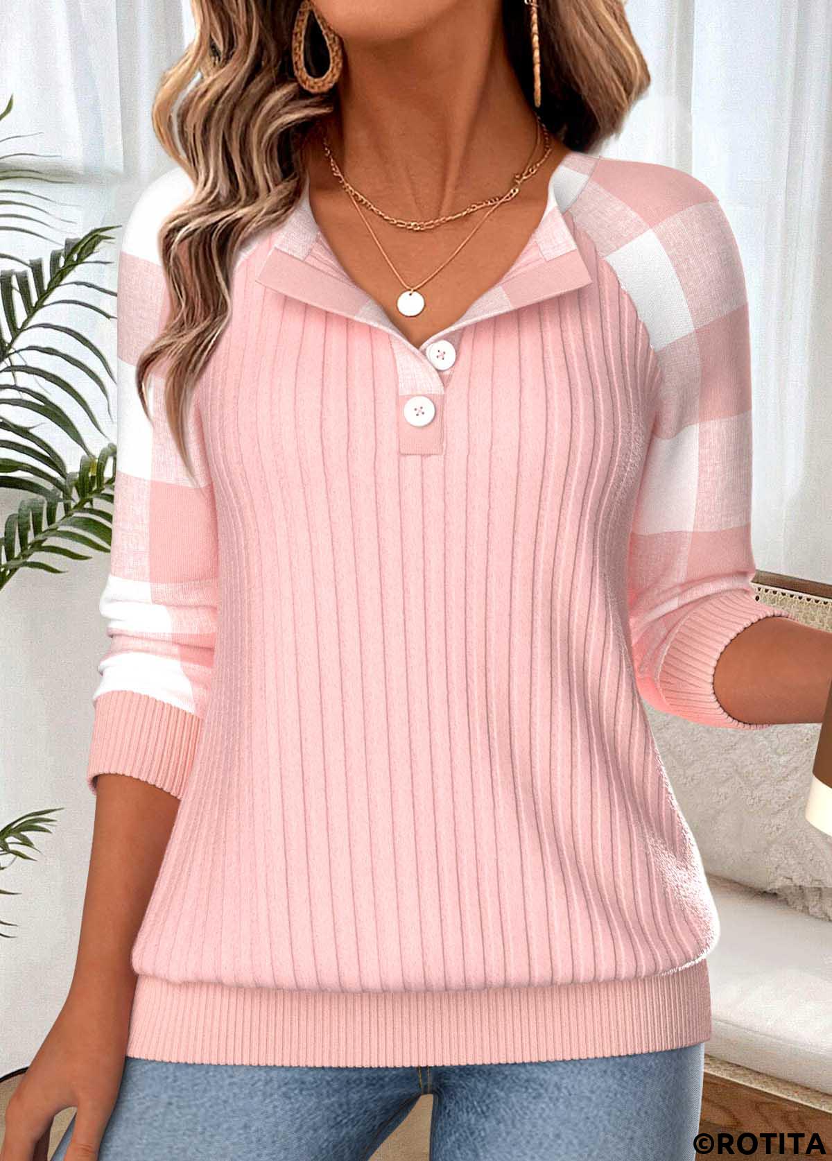 Light Pink tops,Plaid tops,Geometric tops,ROTITA Button Plaid Light Pink Round Neck Long Sleeve Sweatshirt