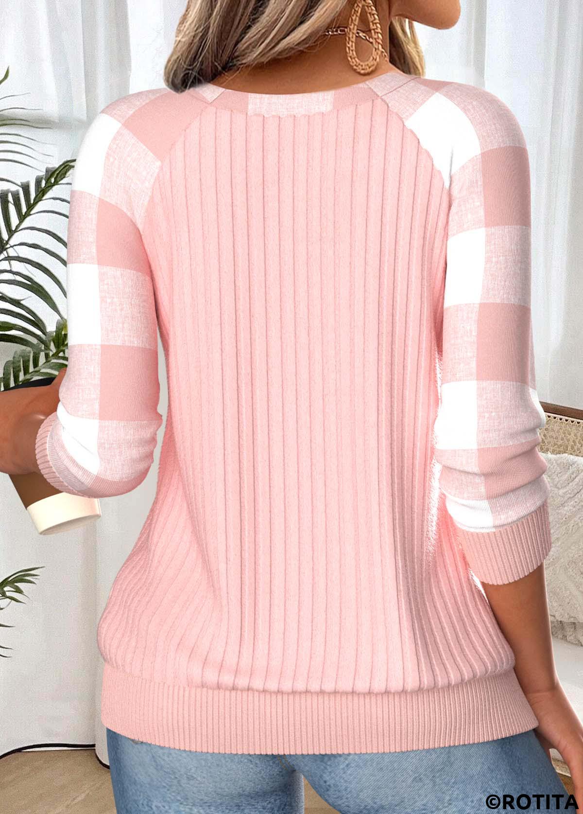 Light Pink tops,Plaid tops,Geometric tops,ROTITA Button Plaid Light Pink Round Neck Long Sleeve Sweatshirt