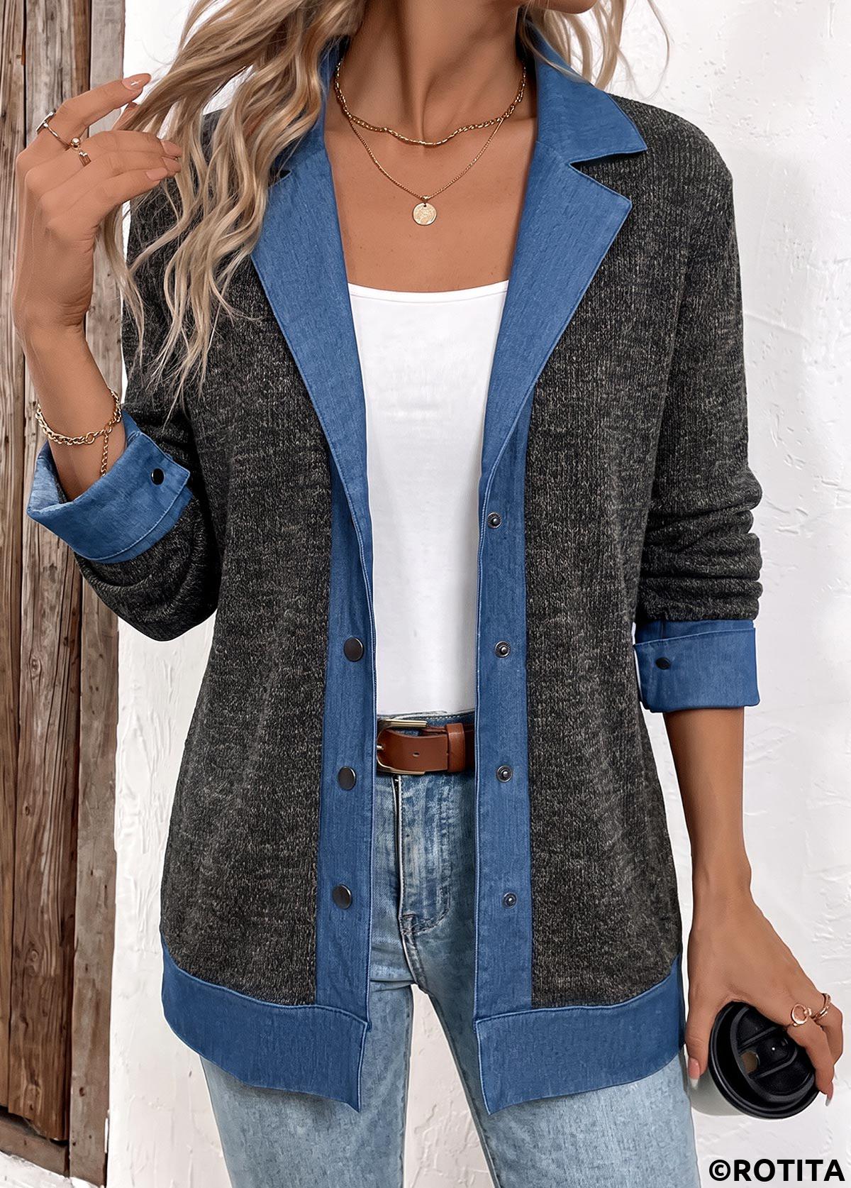 Black tops,Contrast Color tops,Tummy Coverage Black Lapel Long Sleeve Coat