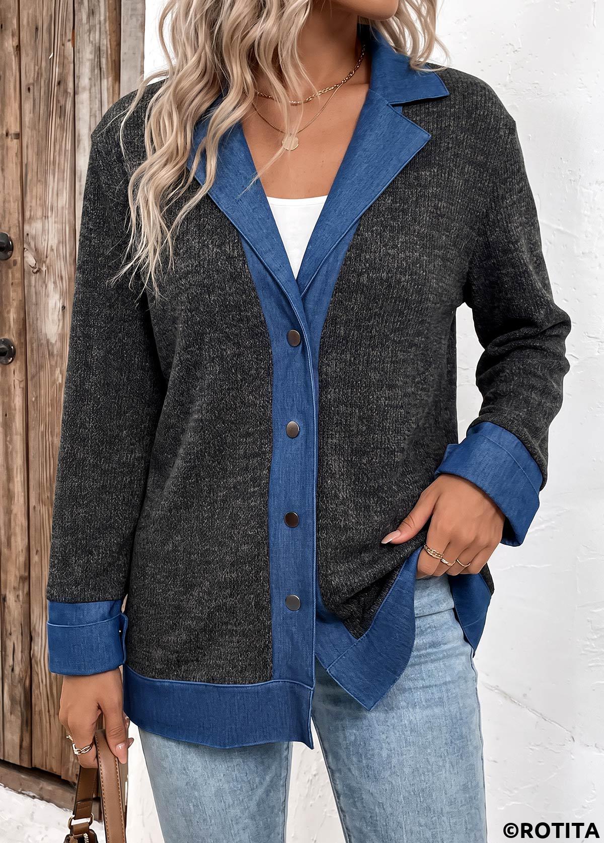 Black tops,Contrast Color tops,Tummy Coverage Black Lapel Long Sleeve Coat