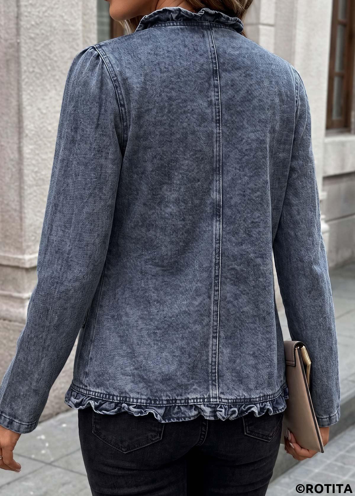 Blue tops,Plain Color tops,Double Side Pockets Blue Long Sleeve Coat