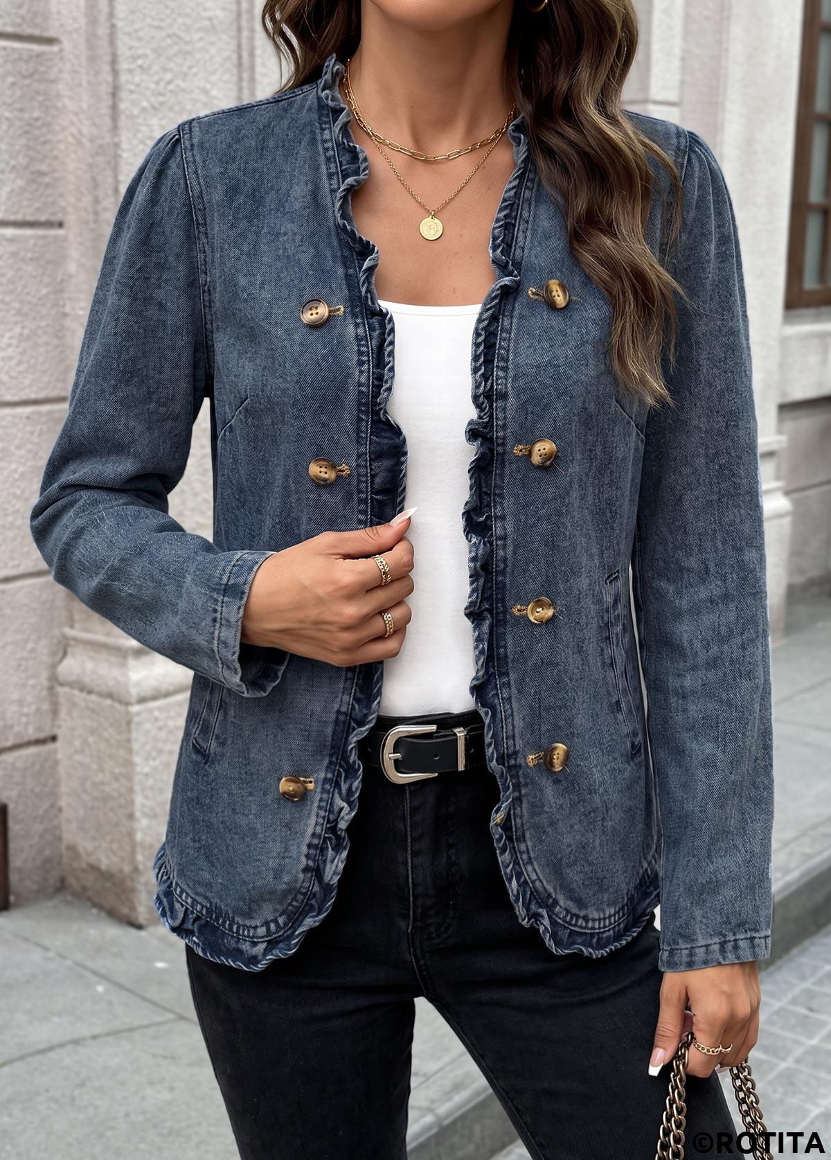Blue tops,Plain Color tops,Double Side Pockets Blue Long Sleeve Coat