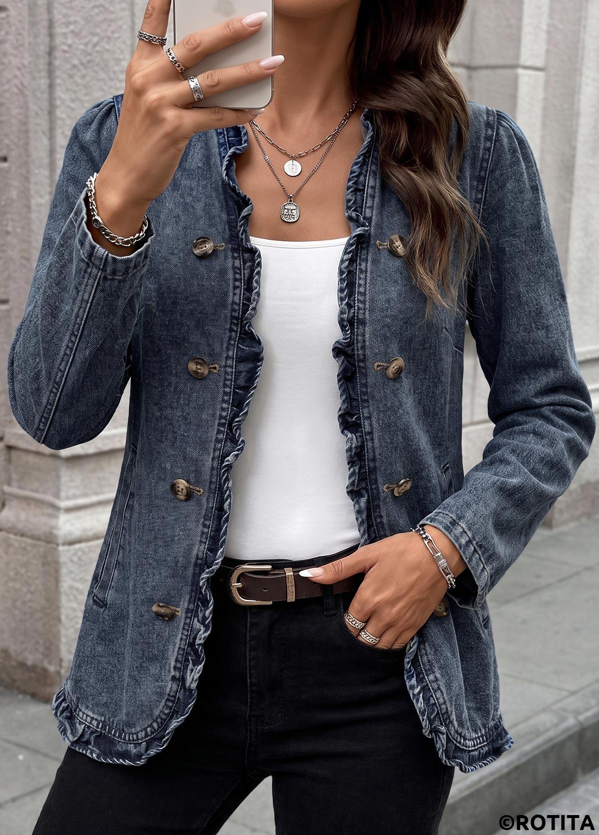 Blue tops,Plain Color tops,Double Side Pockets Blue Long Sleeve Coat