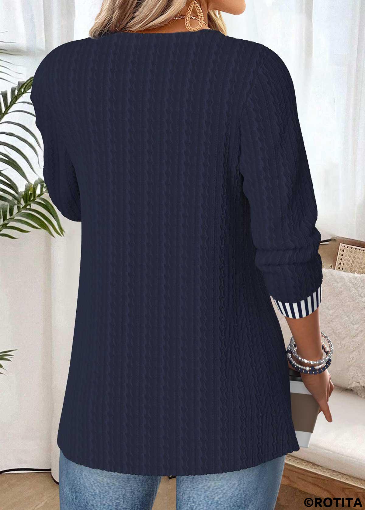 Navy tops,Striped tops,Geometric tops,ROTITA Patchwork Striped Navy Round Neck Long Sleeve Blouse