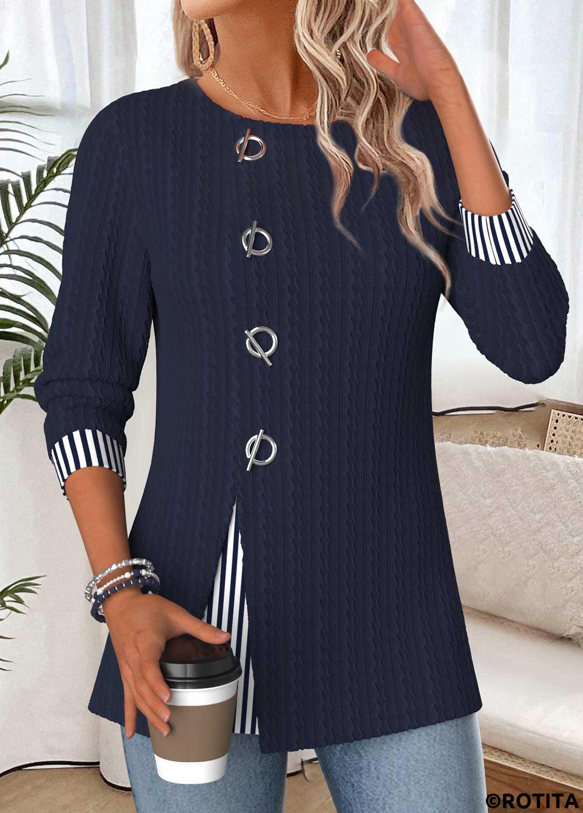 Navy tops,Striped tops,Geometric tops,ROTITA Patchwork Striped Navy Round Neck Long Sleeve Blouse