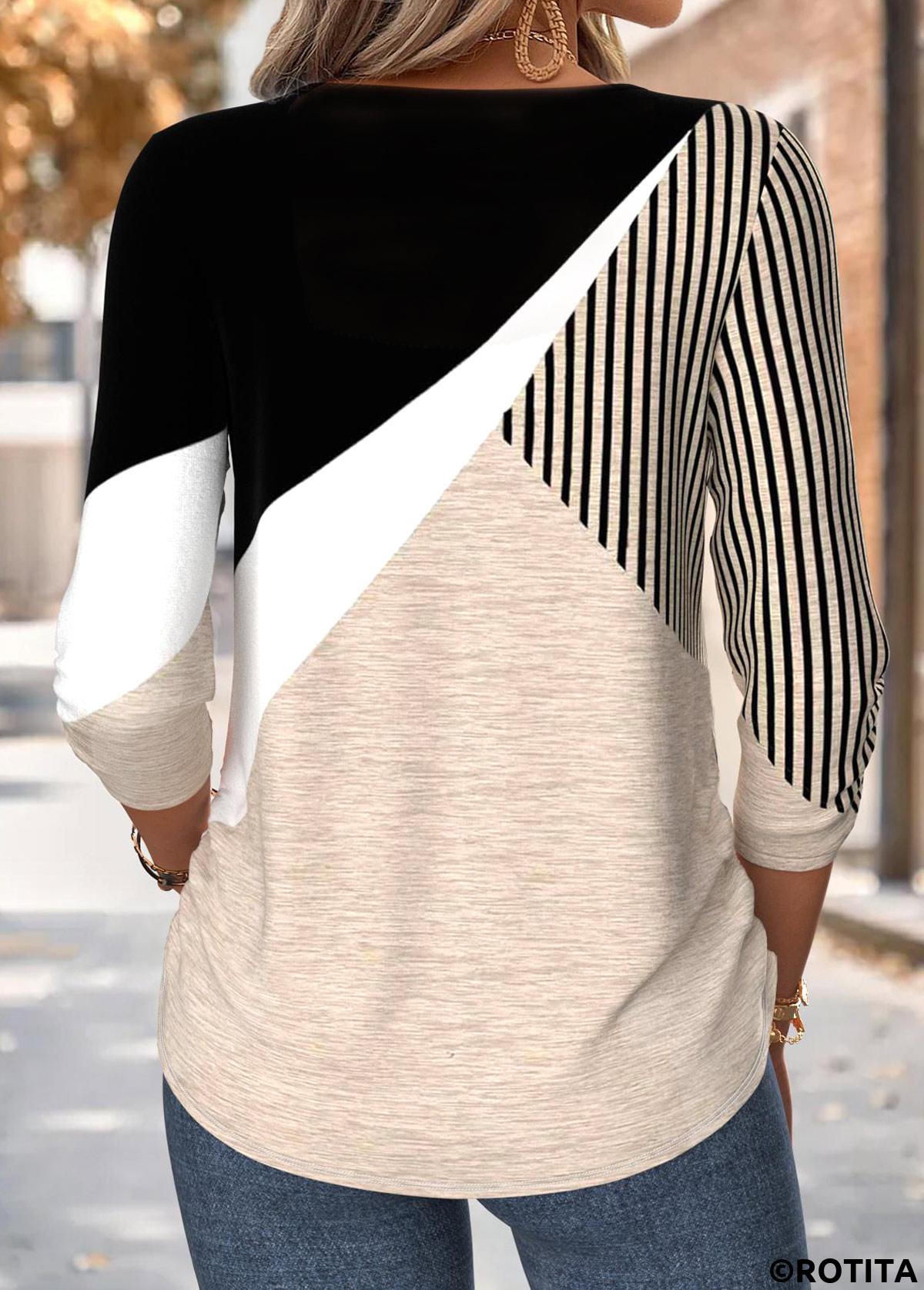 Light Coffee tops,Geometric tops,ROTITA Shirred Geometric Print Light Coffee 3/4 Sleeve Blouse