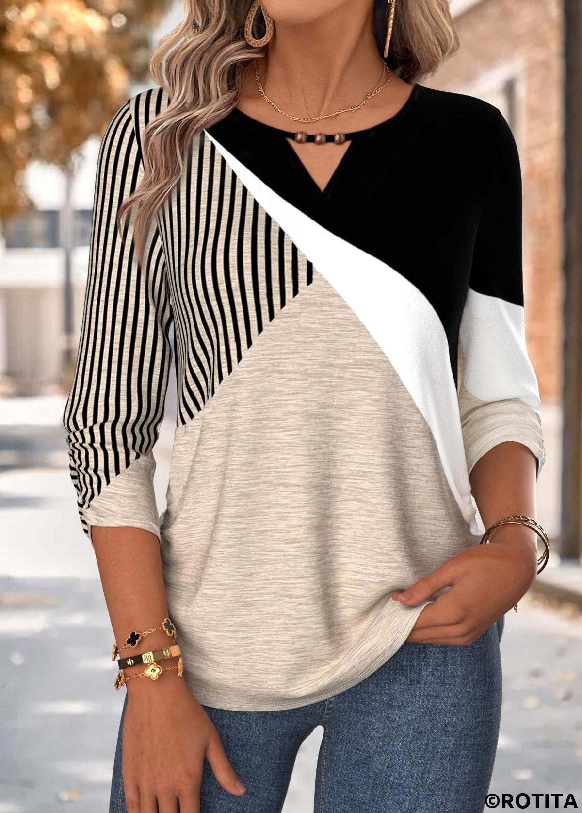 Light Coffee tops,Geometric tops,ROTITA Shirred Geometric Print Light Coffee 3/4 Sleeve Blouse