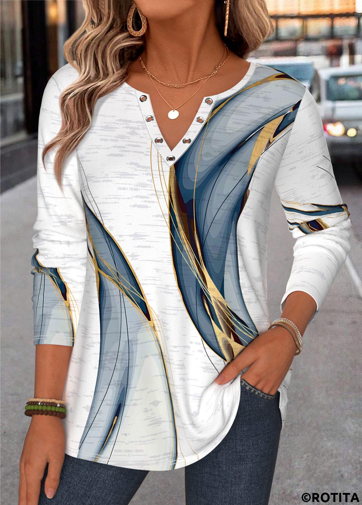 White tops,Geometric tops,ROTITA Curved Hem Geometric Print White Split Neck T Shirt