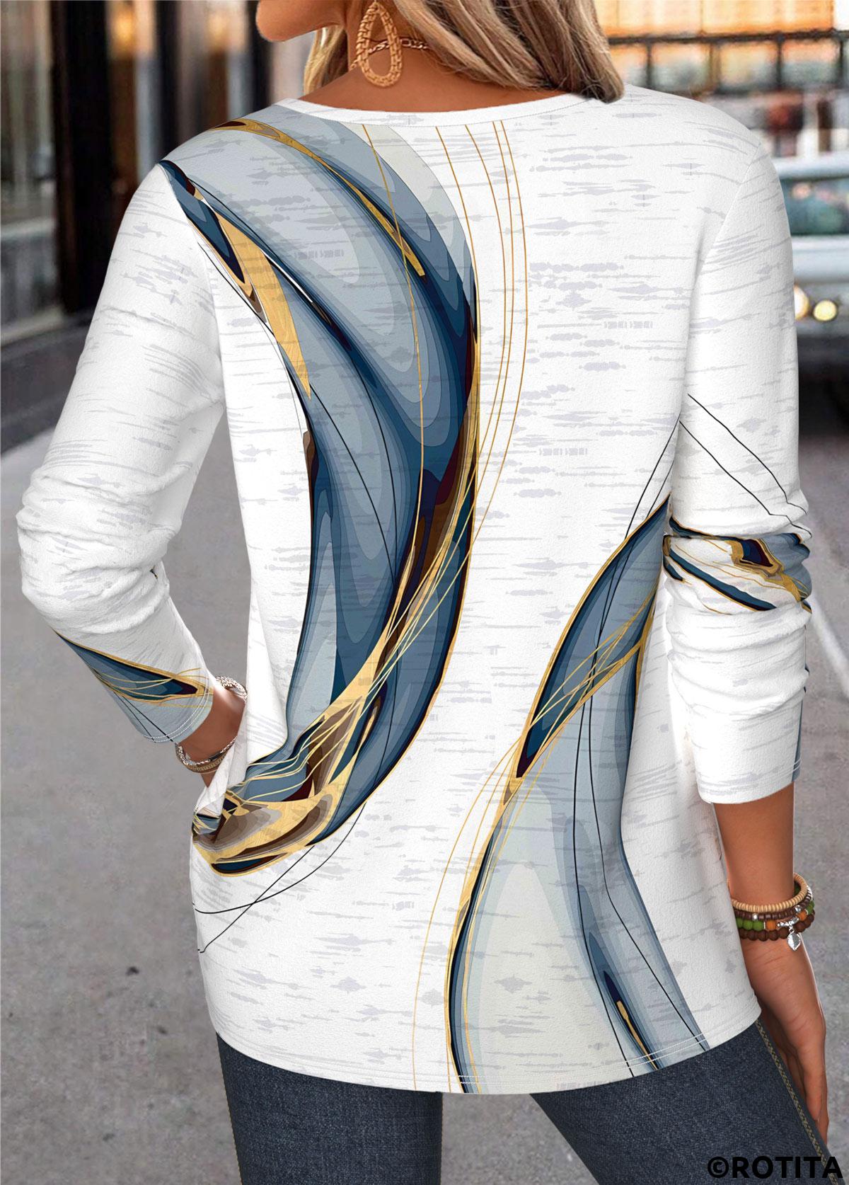 White tops,Geometric tops,ROTITA Curved Hem Geometric Print White Split Neck T Shirt