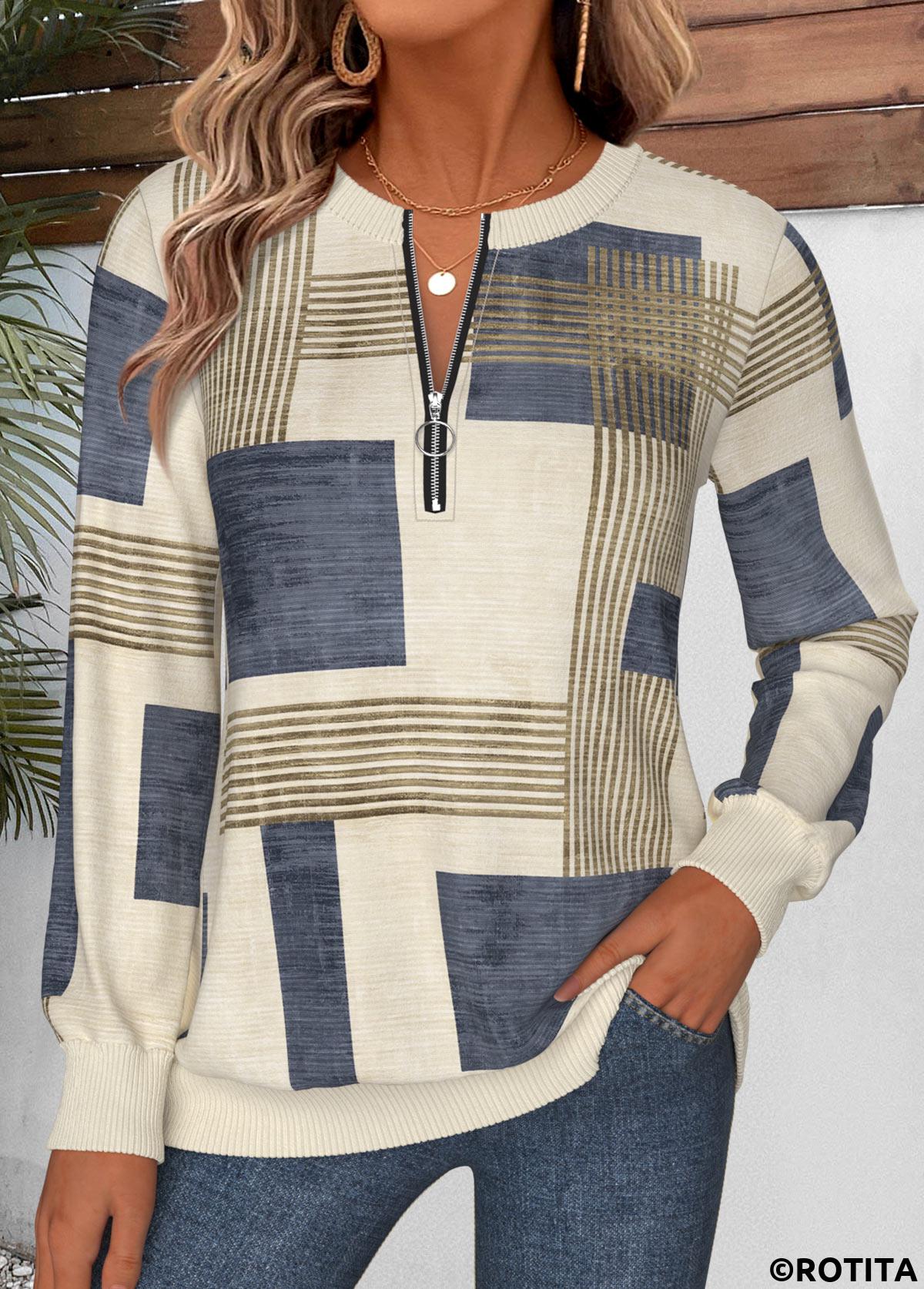 Multi Color tops,Geometric tops,ROTITA Tummy Coverage Geometric Print Multi Color Round Neck Sweatshirt