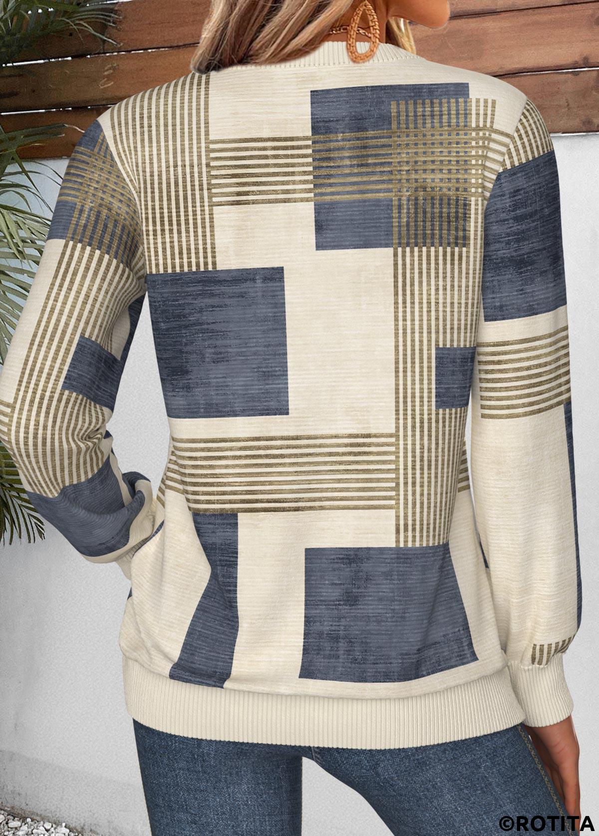 Multi Color tops,Geometric tops,ROTITA Tummy Coverage Geometric Print Multi Color Round Neck Sweatshirt