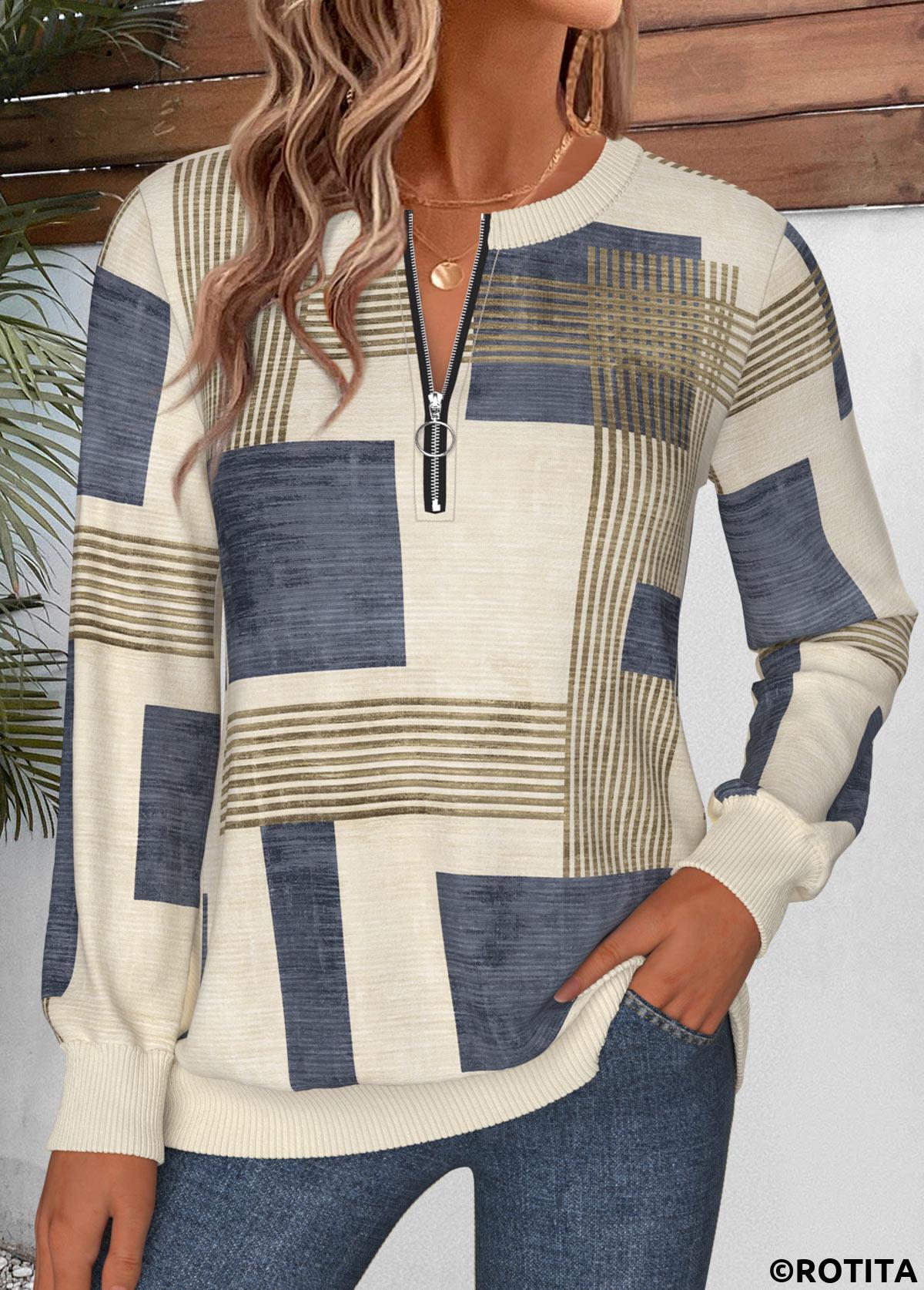 Multi Color tops,Geometric tops,ROTITA Tummy Coverage Geometric Print Multi Color Round Neck Sweatshirt