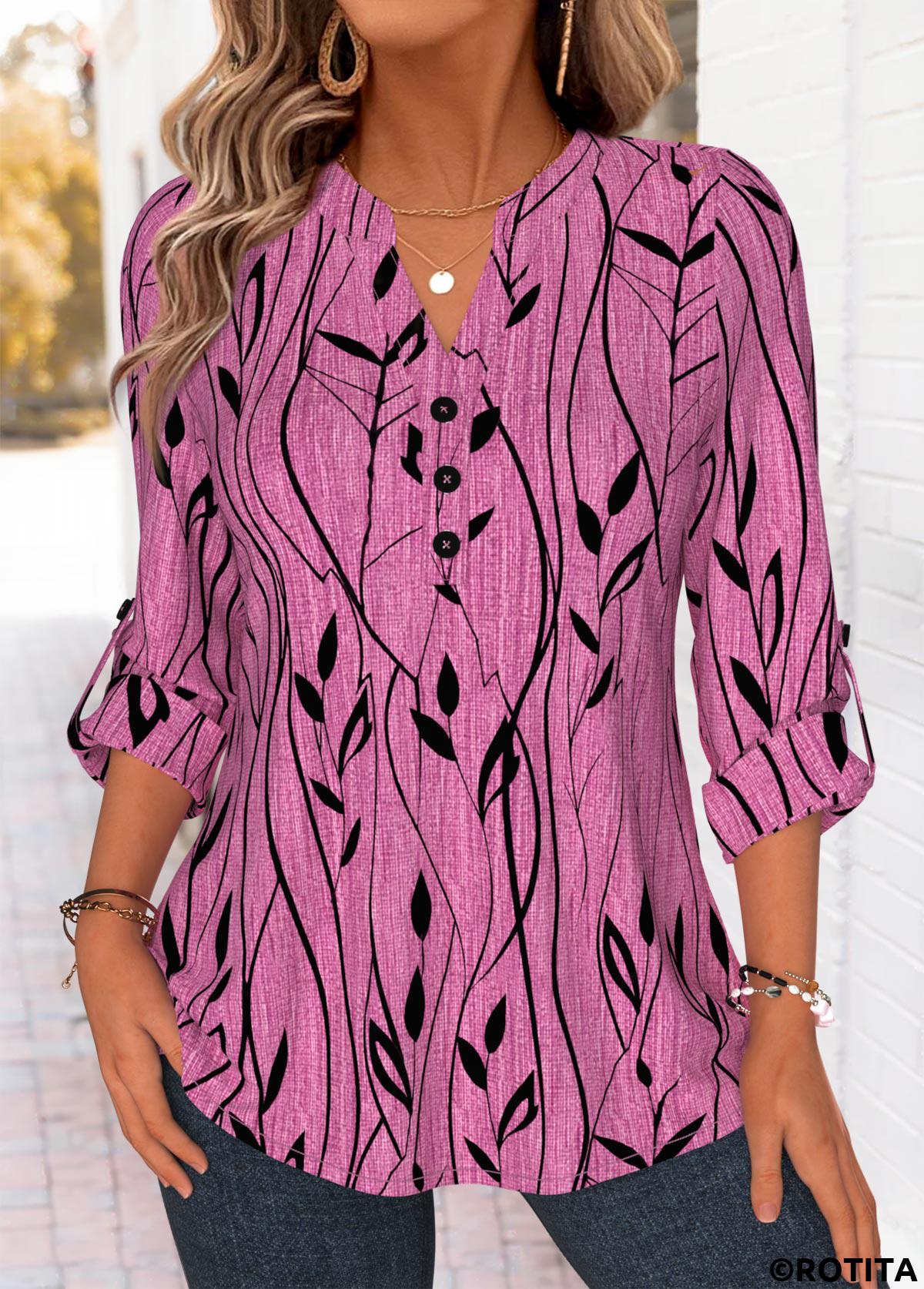Violet tops,Plants tops,ROTITA Curved Hem Leaf Print Violet Split Neck Shirt