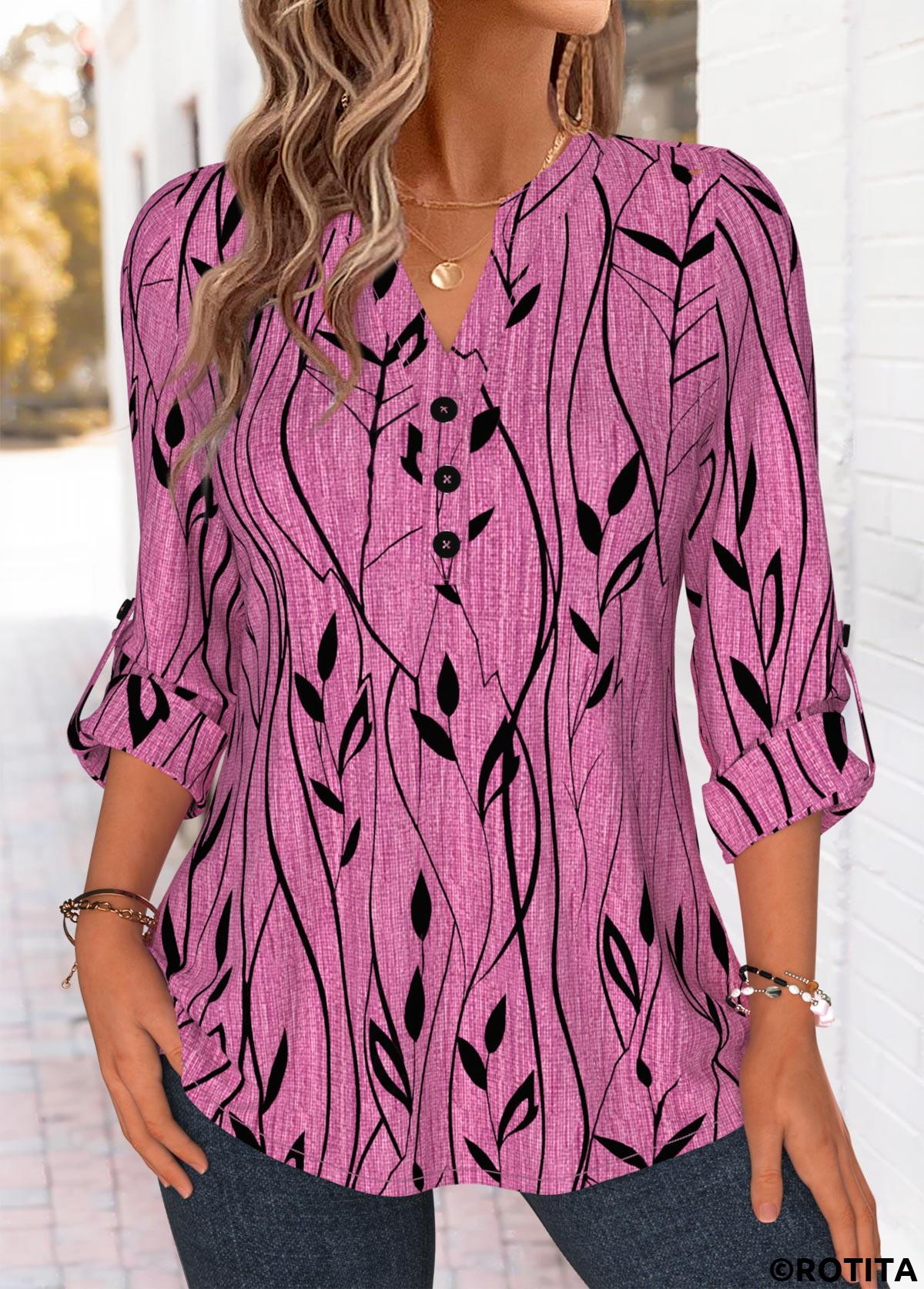 Violet tops,Plants tops,ROTITA Curved Hem Leaf Print Violet Split Neck Shirt