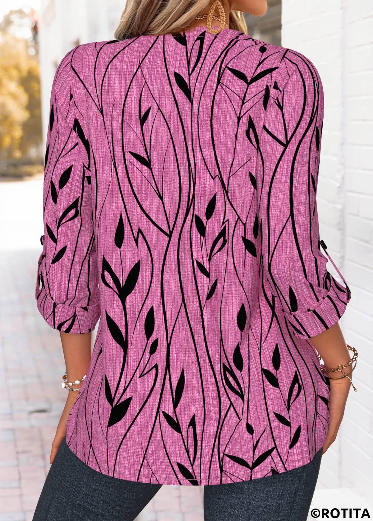 Violet tops,Plants tops,ROTITA Curved Hem Leaf Print Violet Split Neck Shirt