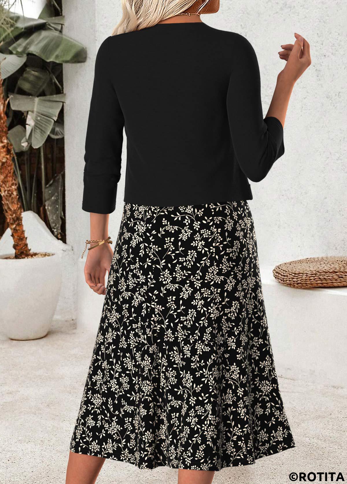 Black dresses,Ditsy Floral dresses,Everyday dresses,Casual dresses,ROTITA Black Ditsy Floral Print Two-piece Dress and Cardigan