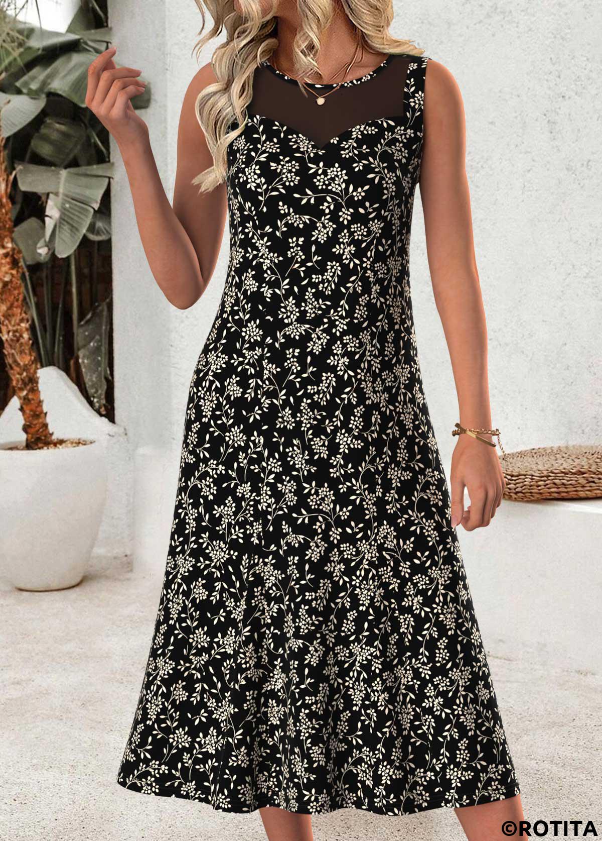 Black dresses,Ditsy Floral dresses,Everyday dresses,Casual dresses,ROTITA Black Ditsy Floral Print Two-piece Dress and Cardigan