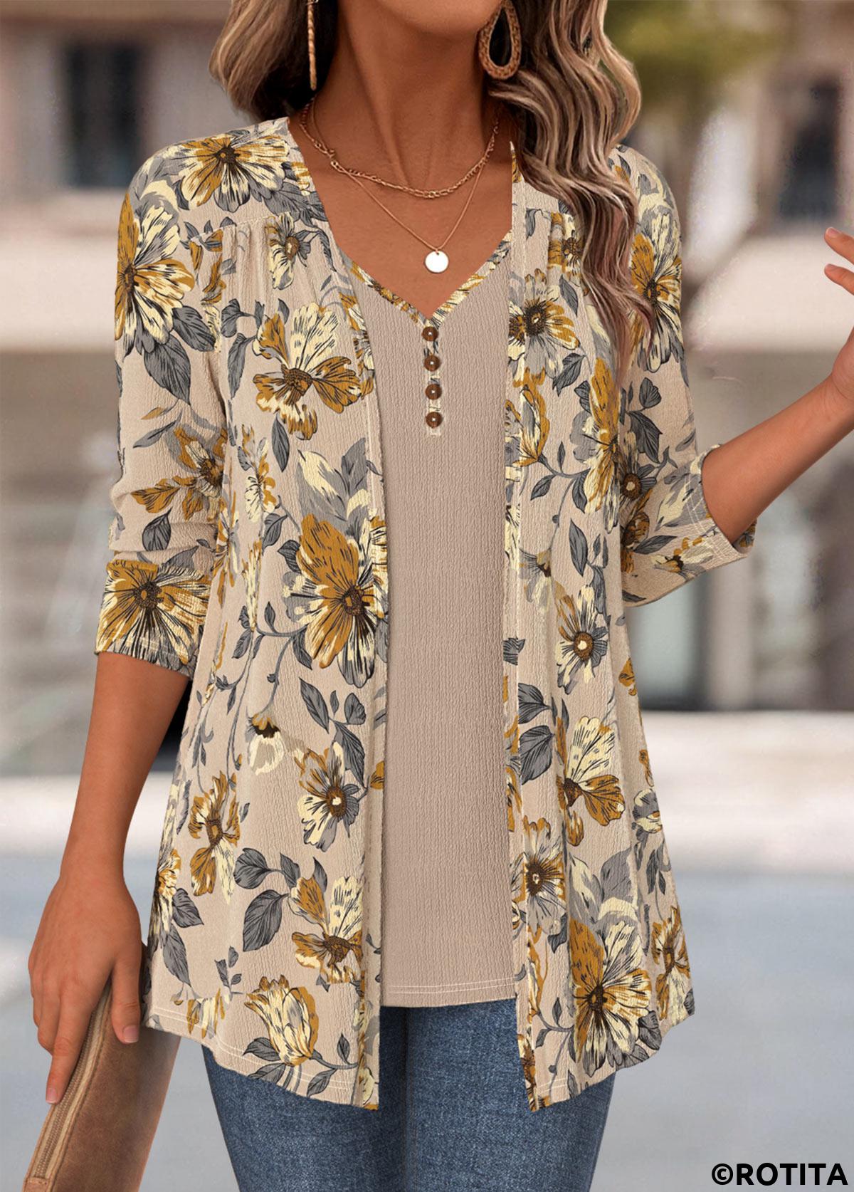 Light Camel tops,Floral tops,Plants tops,ROTITA Floral Print Light Camel Fake Two Piece Twinset