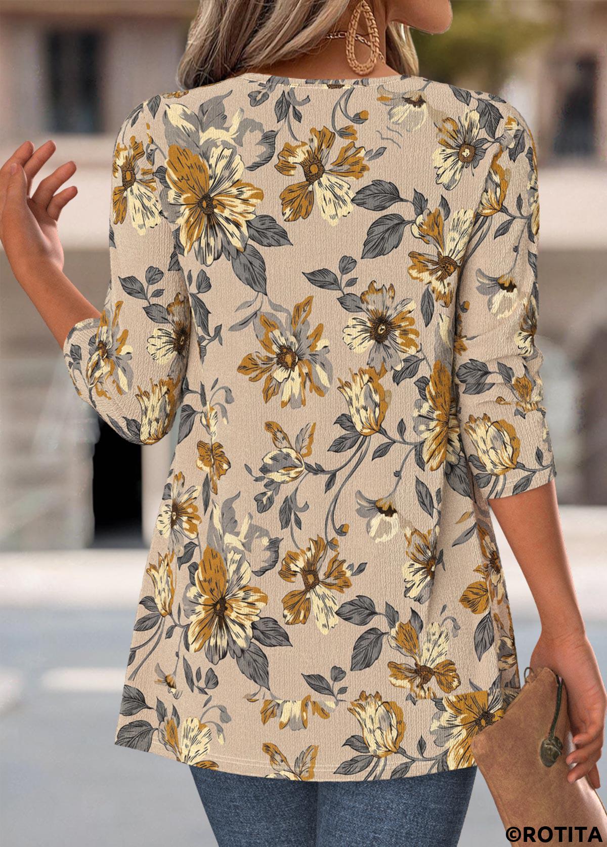Light Camel tops,Floral tops,Plants tops,ROTITA Floral Print Light Camel Fake Two Piece Twinset