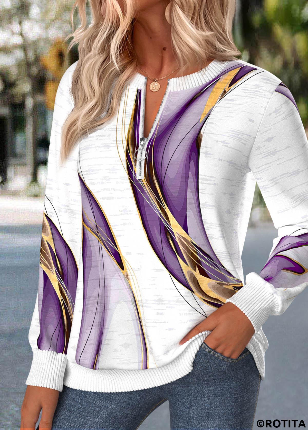 Purple tops,Geometric tops,ROTITA Zipper Geometric Print Purple Round Neck Long Sleeve Sweatshirt