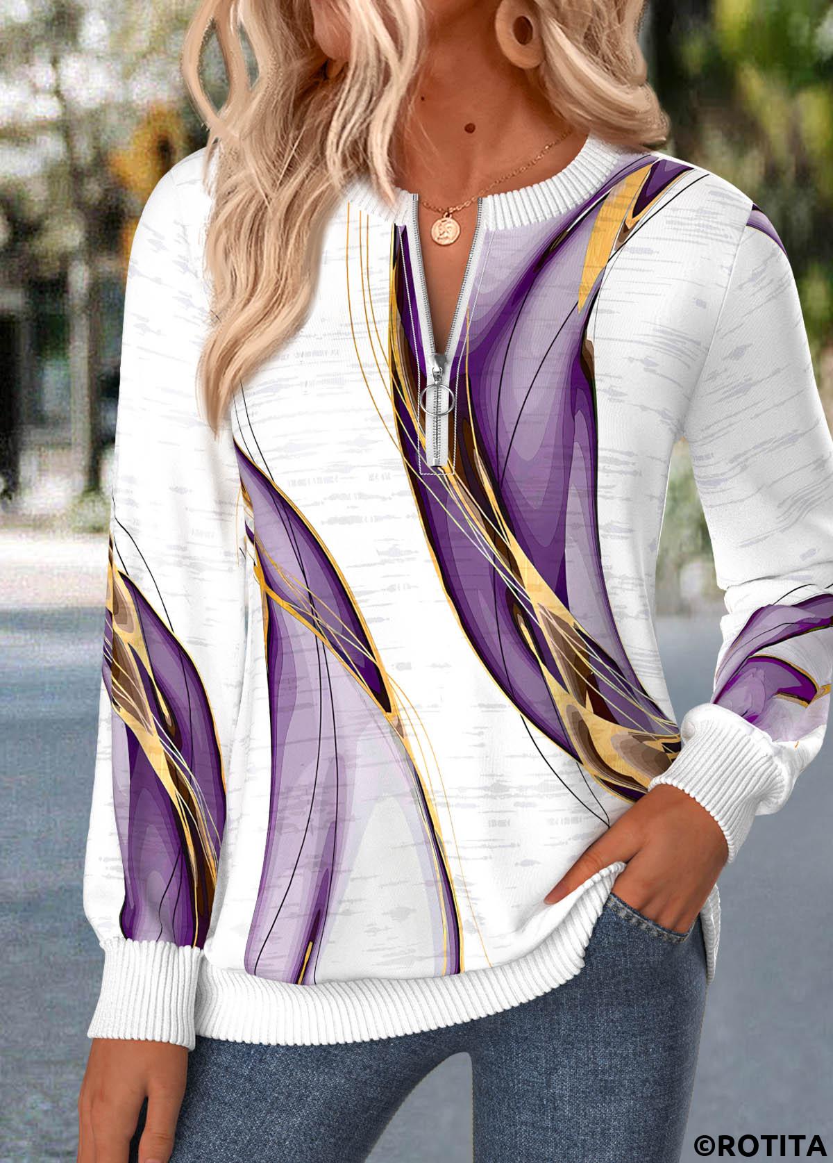 Purple tops,Geometric tops,ROTITA Zipper Geometric Print Purple Round Neck Long Sleeve Sweatshirt
