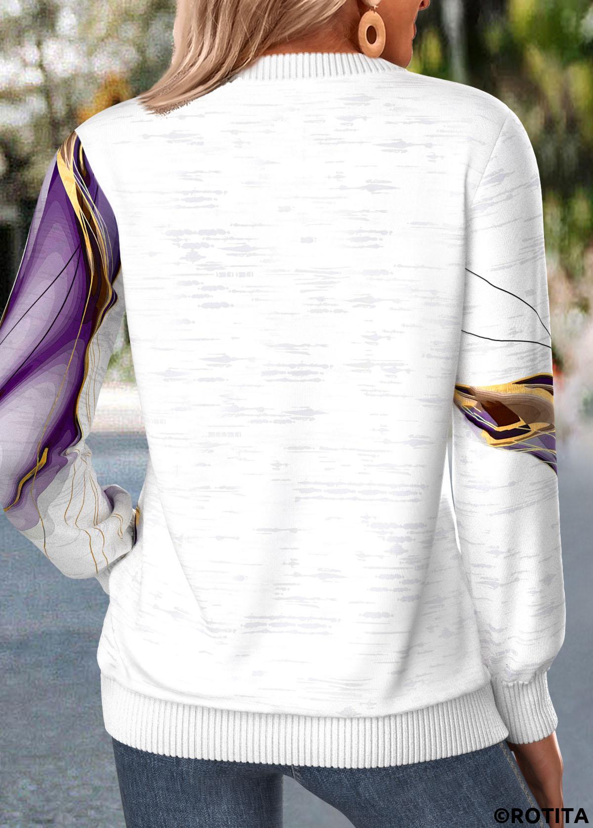 Purple tops,Geometric tops,ROTITA Zipper Geometric Print Purple Round Neck Long Sleeve Sweatshirt