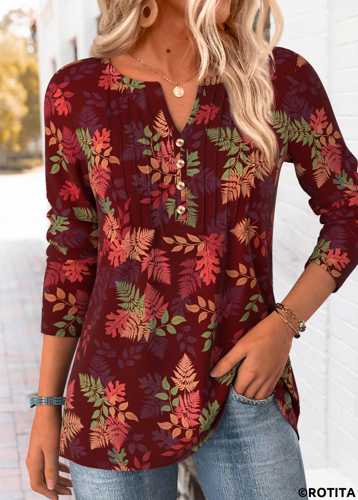 Red tops,Plants tops,ROTITA Tummy Coverage Leaf Print Red Split Neck T Shirt
