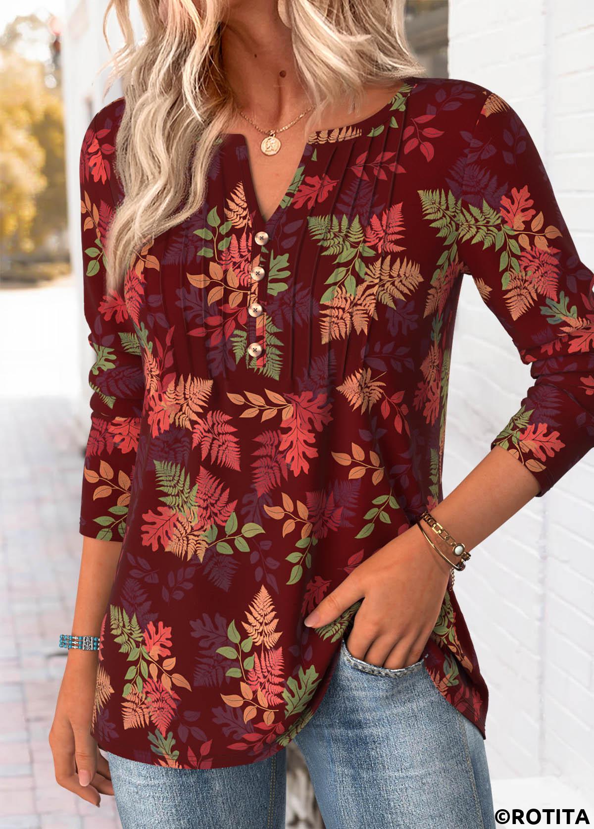 Red tops,Plants tops,ROTITA Tummy Coverage Leaf Print Red Split Neck T Shirt