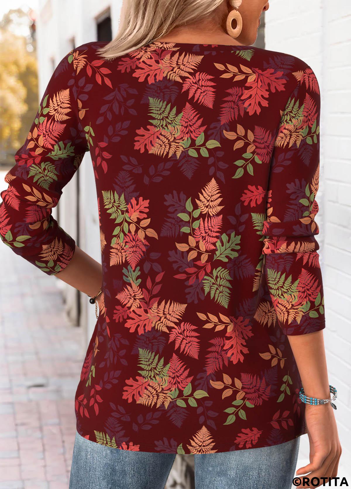 Red tops,Plants tops,ROTITA Tummy Coverage Leaf Print Red Split Neck T Shirt