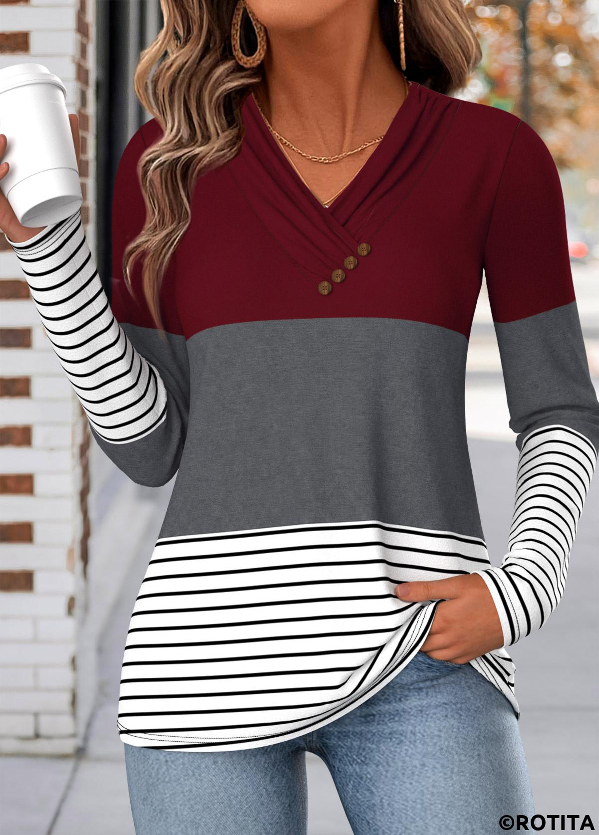 Wine Red tops,Geometric tops,ROTITA Shirred Geometric Print Wine Red V Neck T Shirt