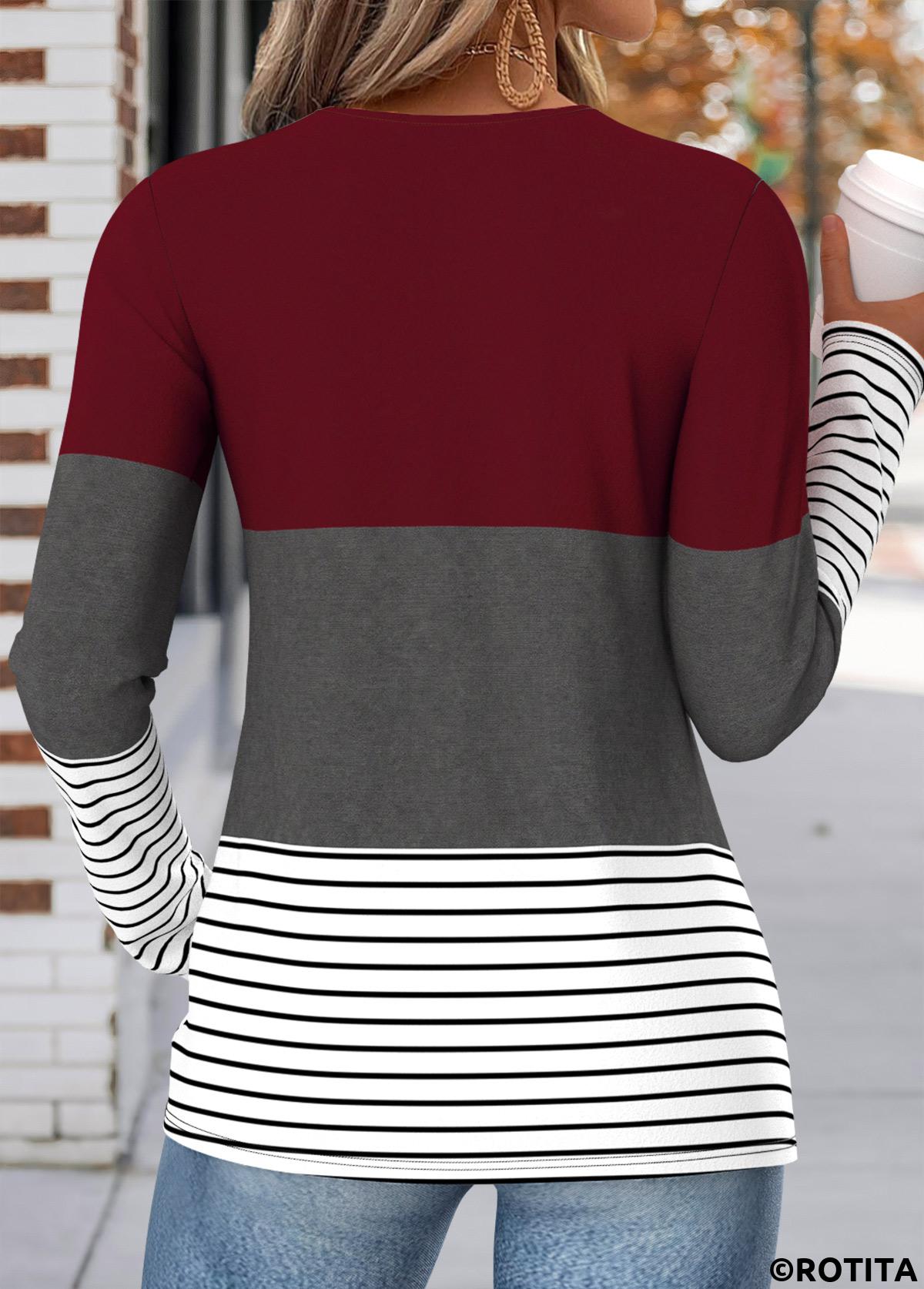 Wine Red tops,Geometric tops,ROTITA Shirred Geometric Print Wine Red V Neck T Shirt