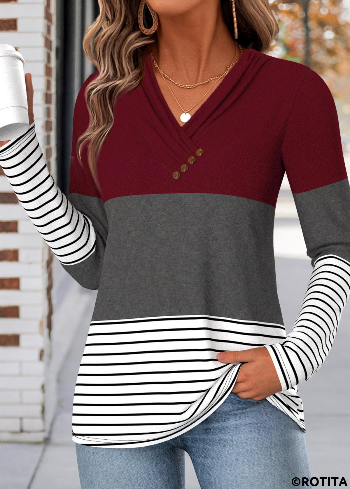 Wine Red tops,Geometric tops,ROTITA Shirred Geometric Print Wine Red V Neck T Shirt