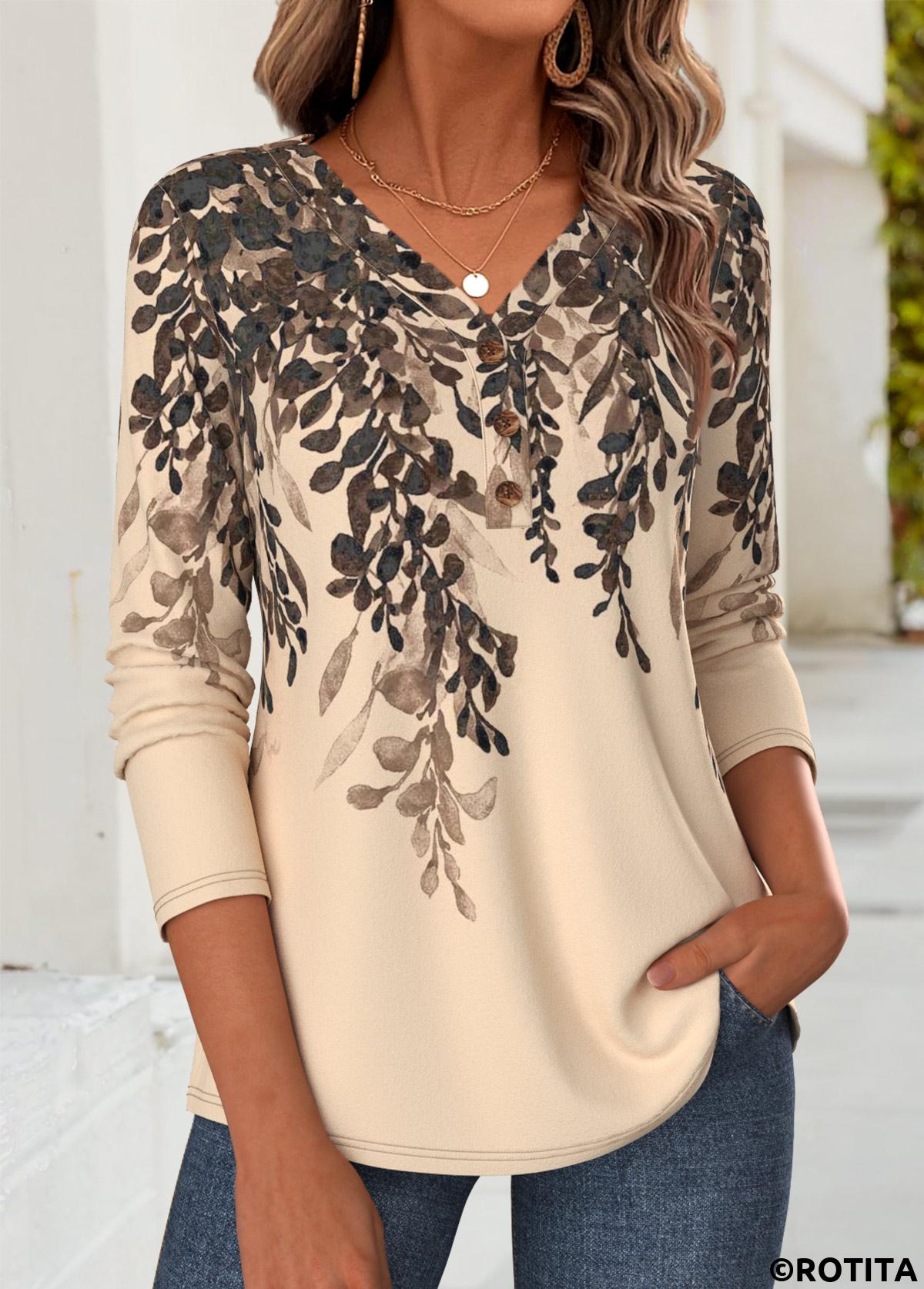 Light Coffee tops,Floral tops,Plants tops,ROTITA Curved Hem Floral Print Light Coffee T Shirt