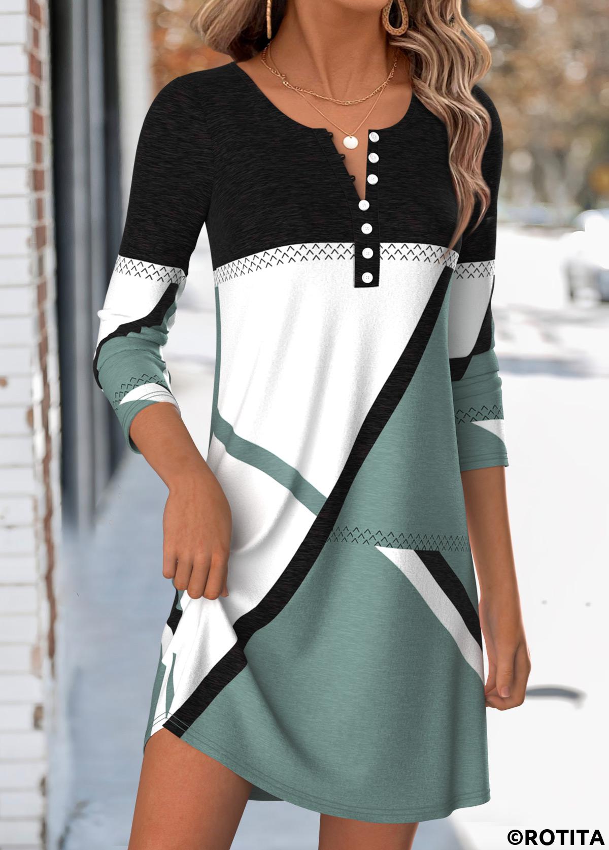 Sage Green dresses,Geometric dresses,Everyday dresses,Casual dresses,ROTITA Sage Green Geometric Print Tummy Coverage Short Dress