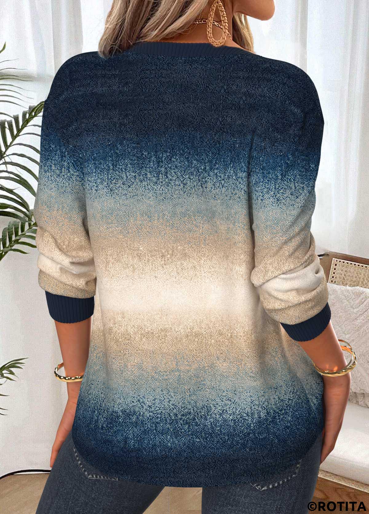 Multi Color tops,Ombre tops,ROTITA Tummy Coverage Ombre Multi Color Split Neck Sweatshirt