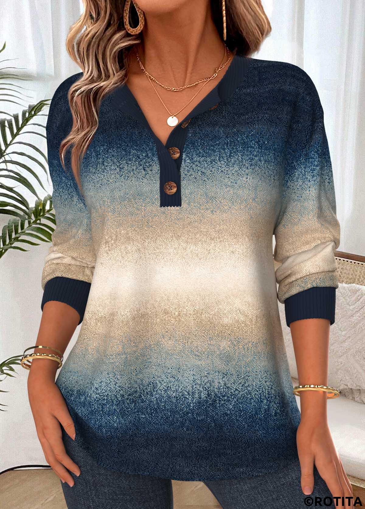 Multi Color tops,Ombre tops,ROTITA Tummy Coverage Ombre Multi Color Split Neck Sweatshirt